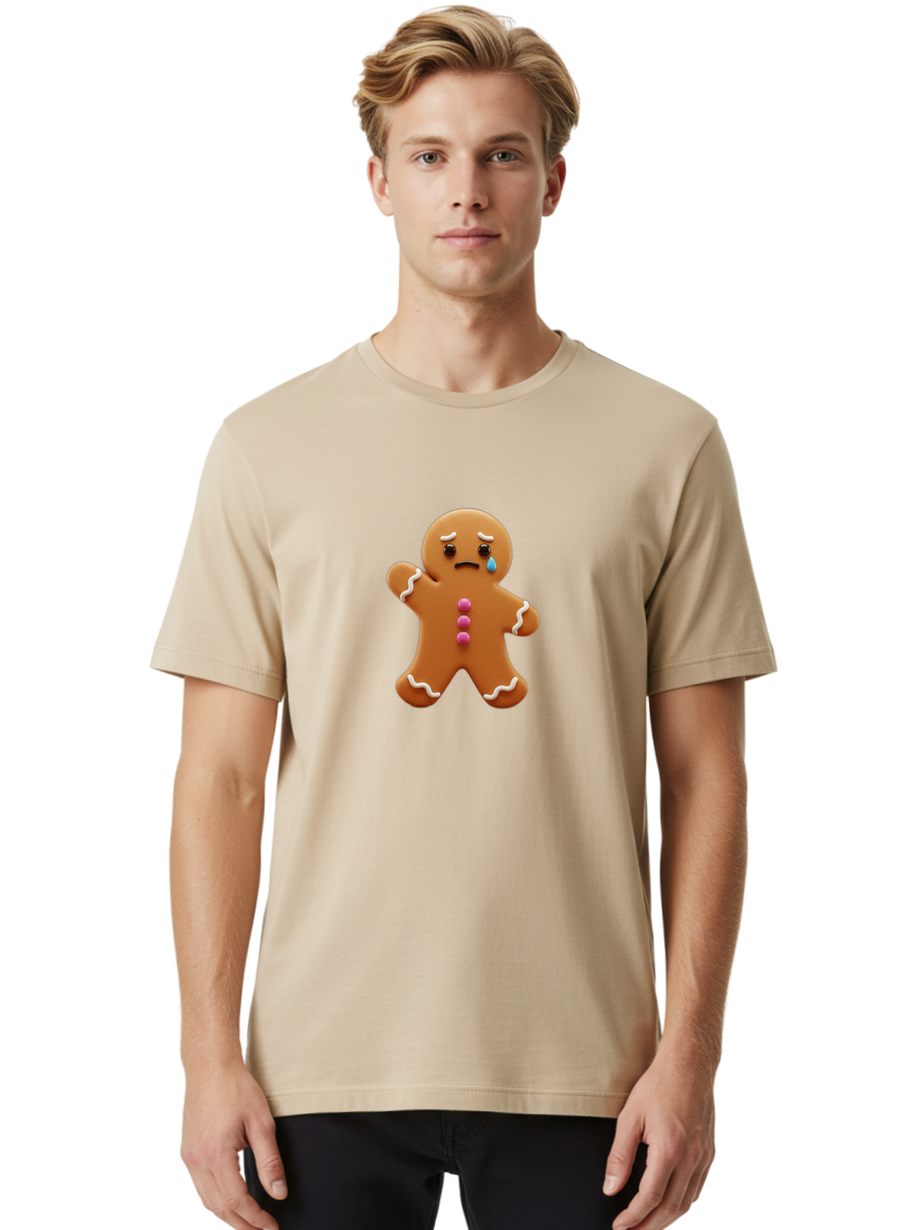 Crying-Gingerbread-Man Men'S Graphic Tee, 100% Cotton, Comfortable Casual Summer Wear, Machine Washable, Gingerbread Man, Sad Face, Crying, Unhappy Expression, Frowning, Pink Candy Buttons, White Icing Details, Cartoon Character, Bab825