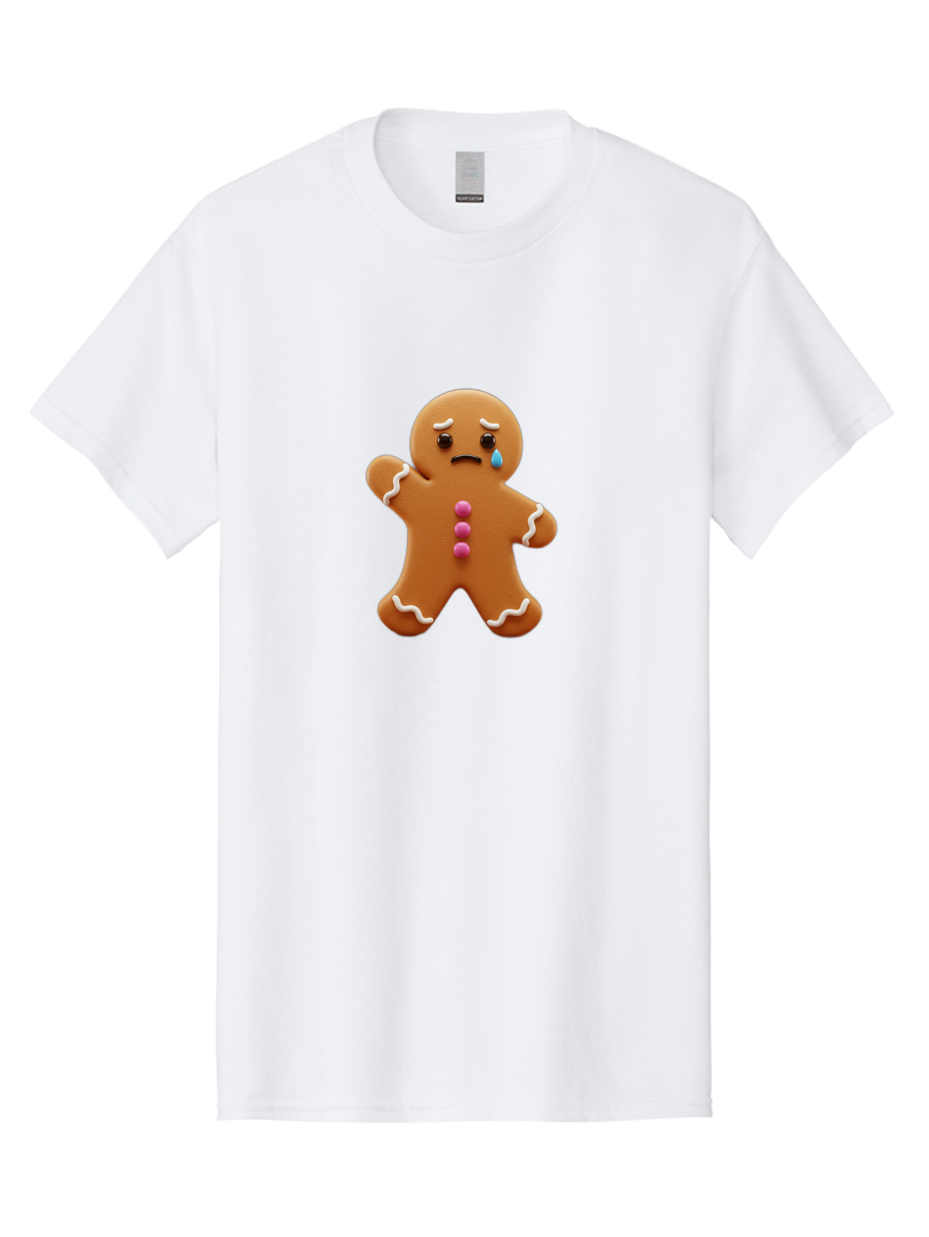 Crying-Gingerbread-Man Men'S Graphic Tee, 100% Cotton, Comfortable Casual Summer Wear, Machine Washable, Gingerbread Man, Sad Face, Crying, Unhappy Expression, Frowning, Pink Candy Buttons, White Icing Details, Cartoon Character, Bab825