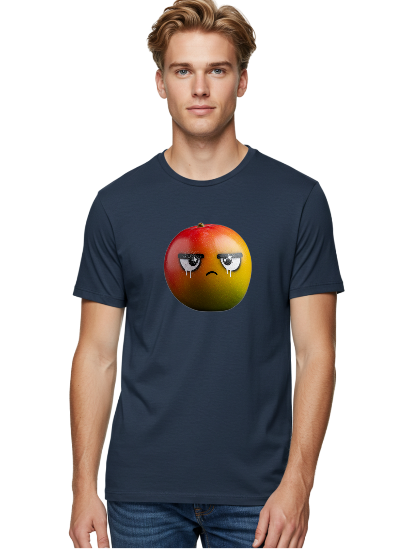 Crying-Mango-1 Men'S Graphic Tee, 100% Cotton, Comfortable Casual Summer Wear, Machine Washable, Mango With Sad Face, Crying Fruit, Distressed Expression, Emotional Fruit, Vibrant Colors, Artistic Design, Creative Illustration, Digital Art, Bab826