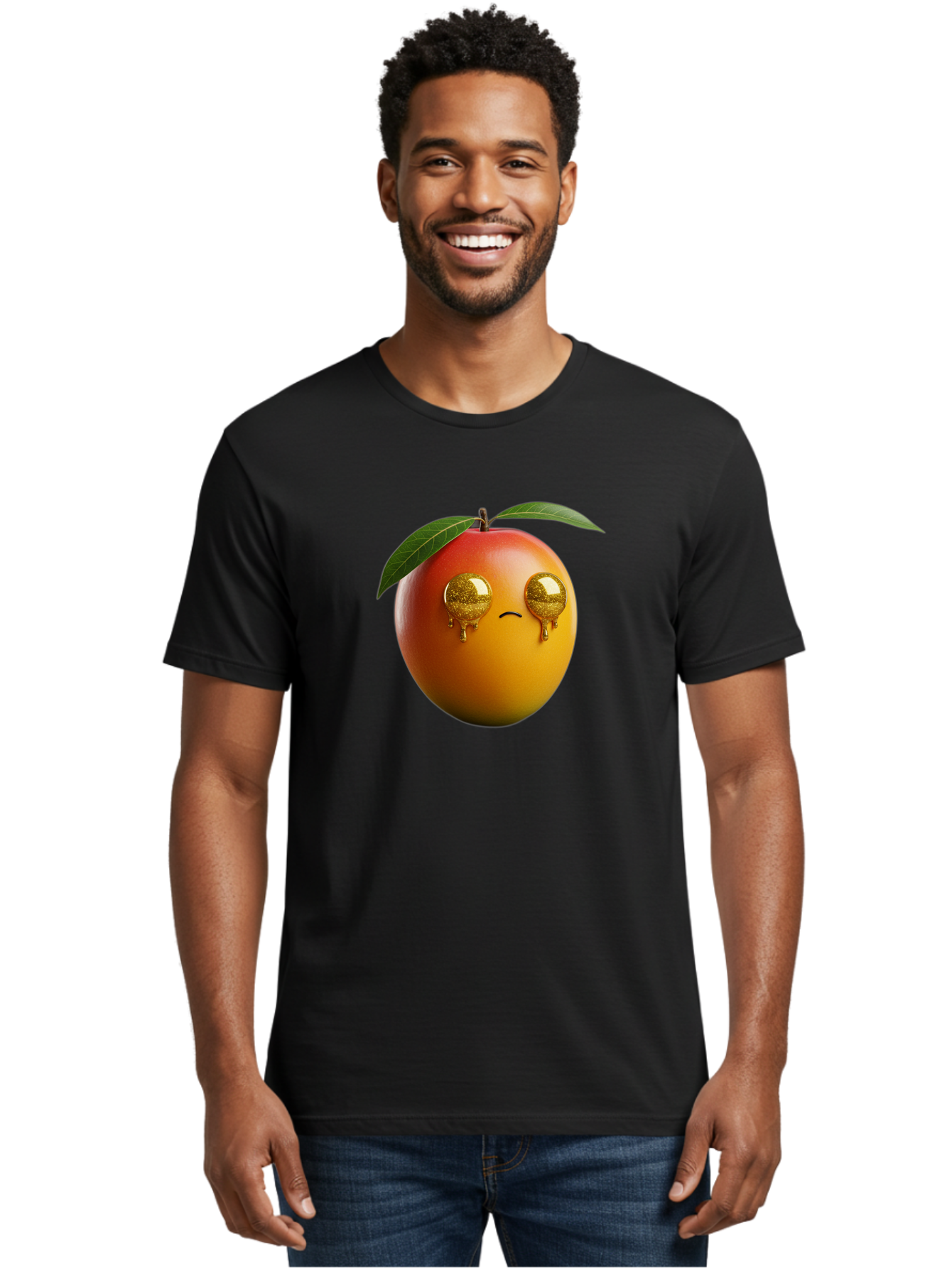 Crying-Mango Men'S Graphic Tee, 100% Cotton, Comfortable Casual Summer Wear, Machine Washable, Peach Fruit, Cartoon Character, Sad Face, Glossy Eyes, Vibrant Colors, Digital Art, Emotive Expression, Funny Fruit Bab827