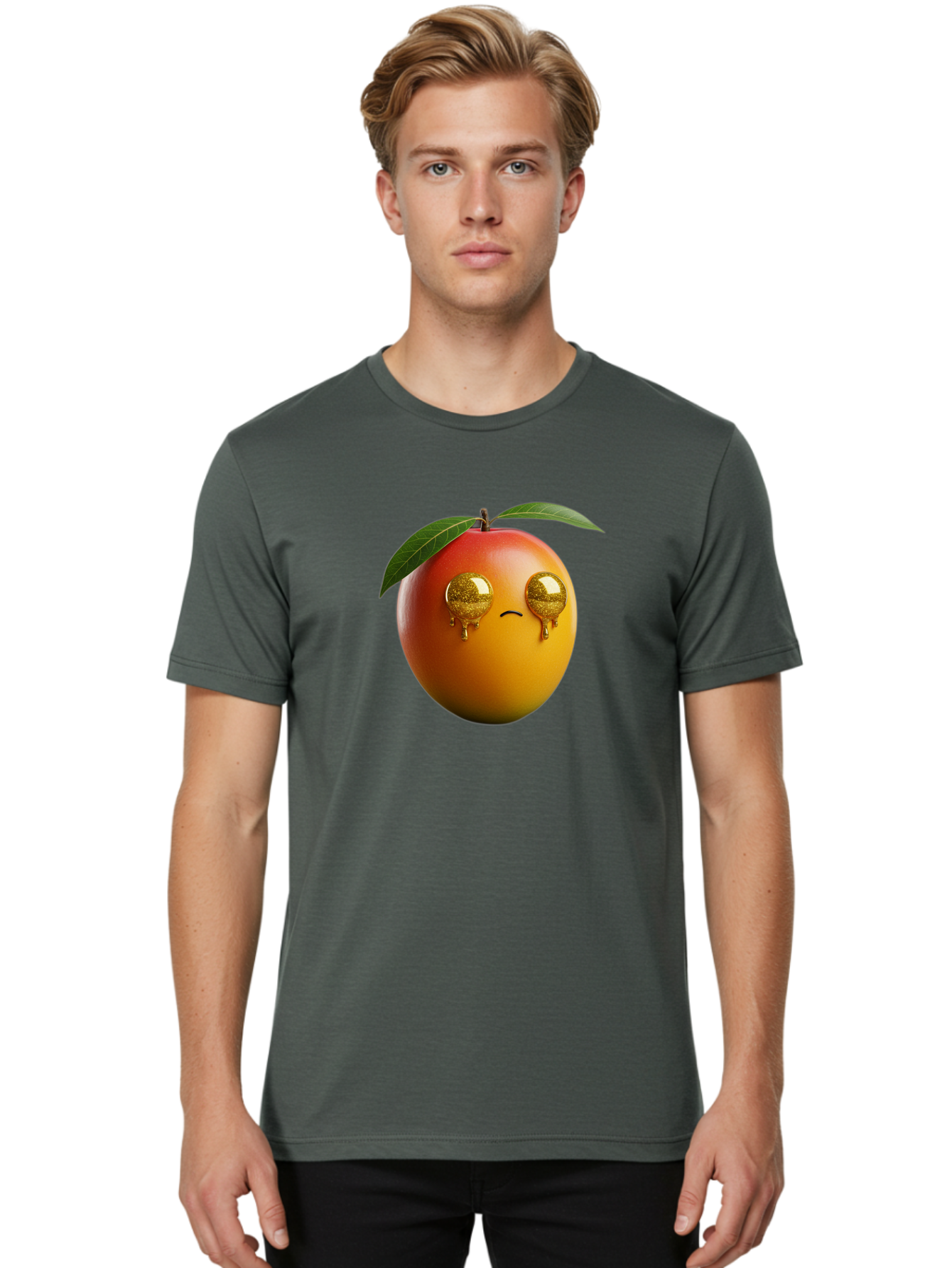 Crying-Mango Men'S Graphic Tee, 100% Cotton, Comfortable Casual Summer Wear, Machine Washable, Peach Fruit, Cartoon Character, Sad Face, Glossy Eyes, Vibrant Colors, Digital Art, Emotive Expression, Funny Fruit Bab827