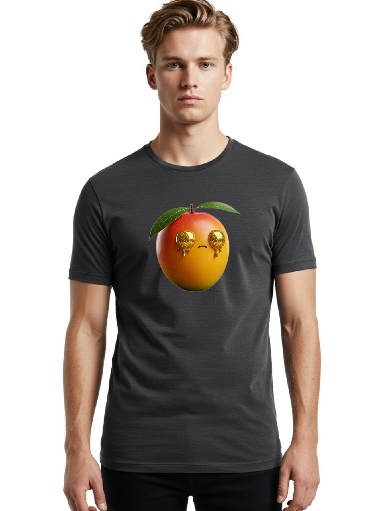 Crying-Mango Men'S Graphic Tee, 100% Cotton, Comfortable Casual Summer Wear, Machine Washable, Peach Fruit, Cartoon Character, Sad Face, Glossy Eyes, Vibrant Colors, Digital Art, Emotive Expression, Funny Fruit Bab827