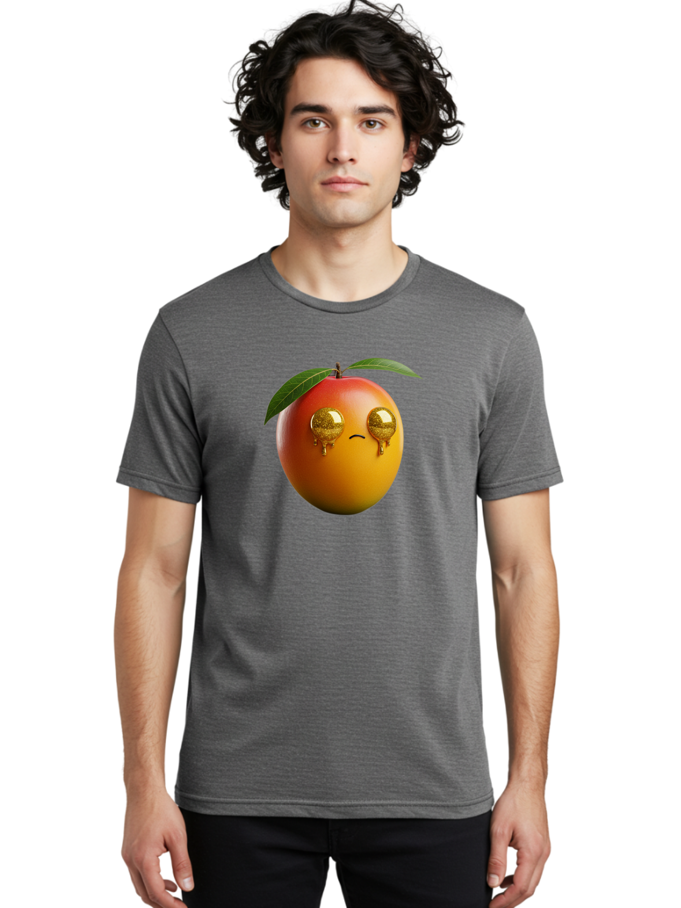 Crying-Mango Men'S Graphic Tee, 100% Cotton, Comfortable Casual Summer Wear, Machine Washable, Peach Fruit, Cartoon Character, Sad Face, Glossy Eyes, Vibrant Colors, Digital Art, Emotive Expression, Funny Fruit Bab827