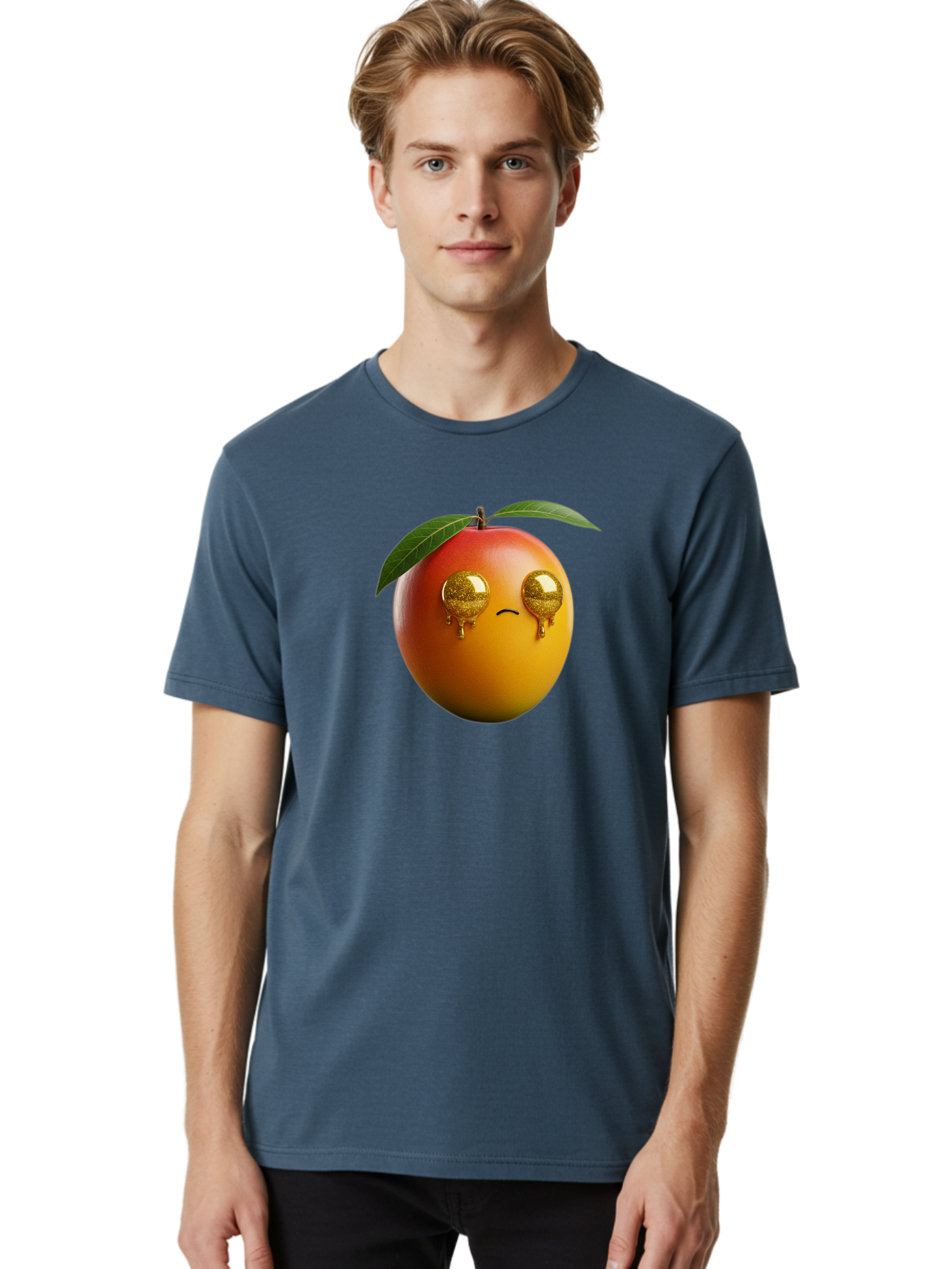 Crying-Mango Men'S Graphic Tee, 100% Cotton, Comfortable Casual Summer Wear, Machine Washable, Peach Fruit, Cartoon Character, Sad Face, Glossy Eyes, Vibrant Colors, Digital Art, Emotive Expression, Funny Fruit Bab827