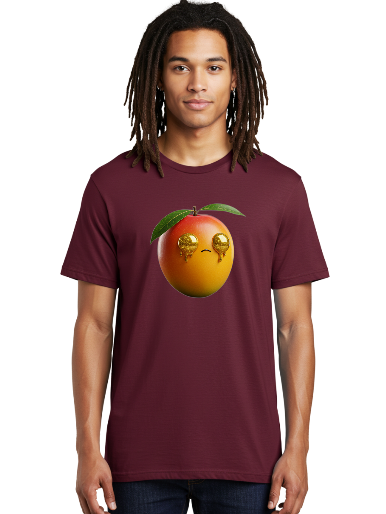 Crying-Mango Men'S Graphic Tee, 100% Cotton, Comfortable Casual Summer Wear, Machine Washable, Peach Fruit, Cartoon Character, Sad Face, Glossy Eyes, Vibrant Colors, Digital Art, Emotive Expression, Funny Fruit Bab827