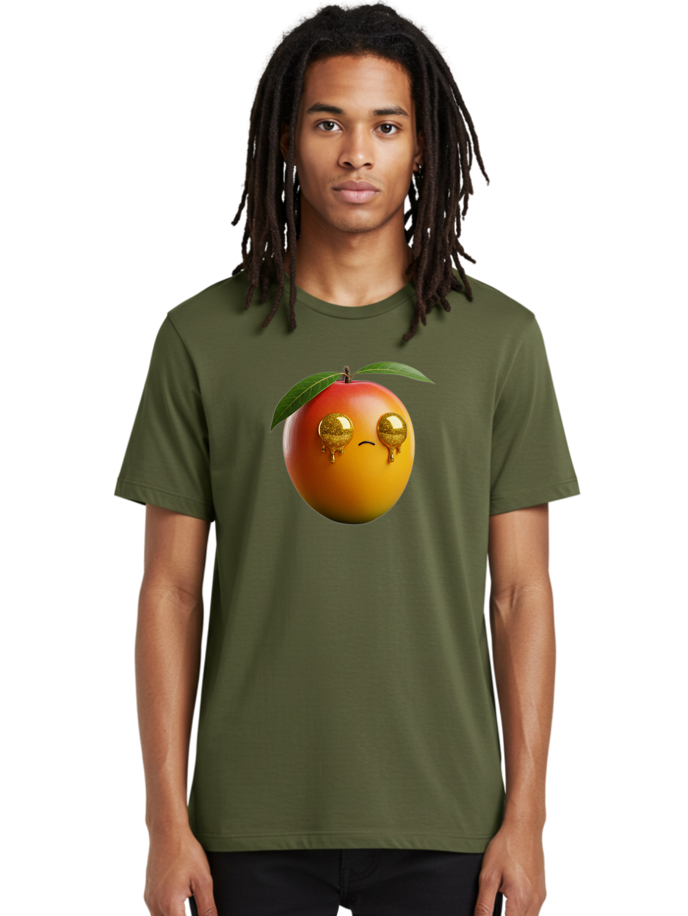 Crying-Mango Men'S Graphic Tee, 100% Cotton, Comfortable Casual Summer Wear, Machine Washable, Peach Fruit, Cartoon Character, Sad Face, Glossy Eyes, Vibrant Colors, Digital Art, Emotive Expression, Funny Fruit Bab827