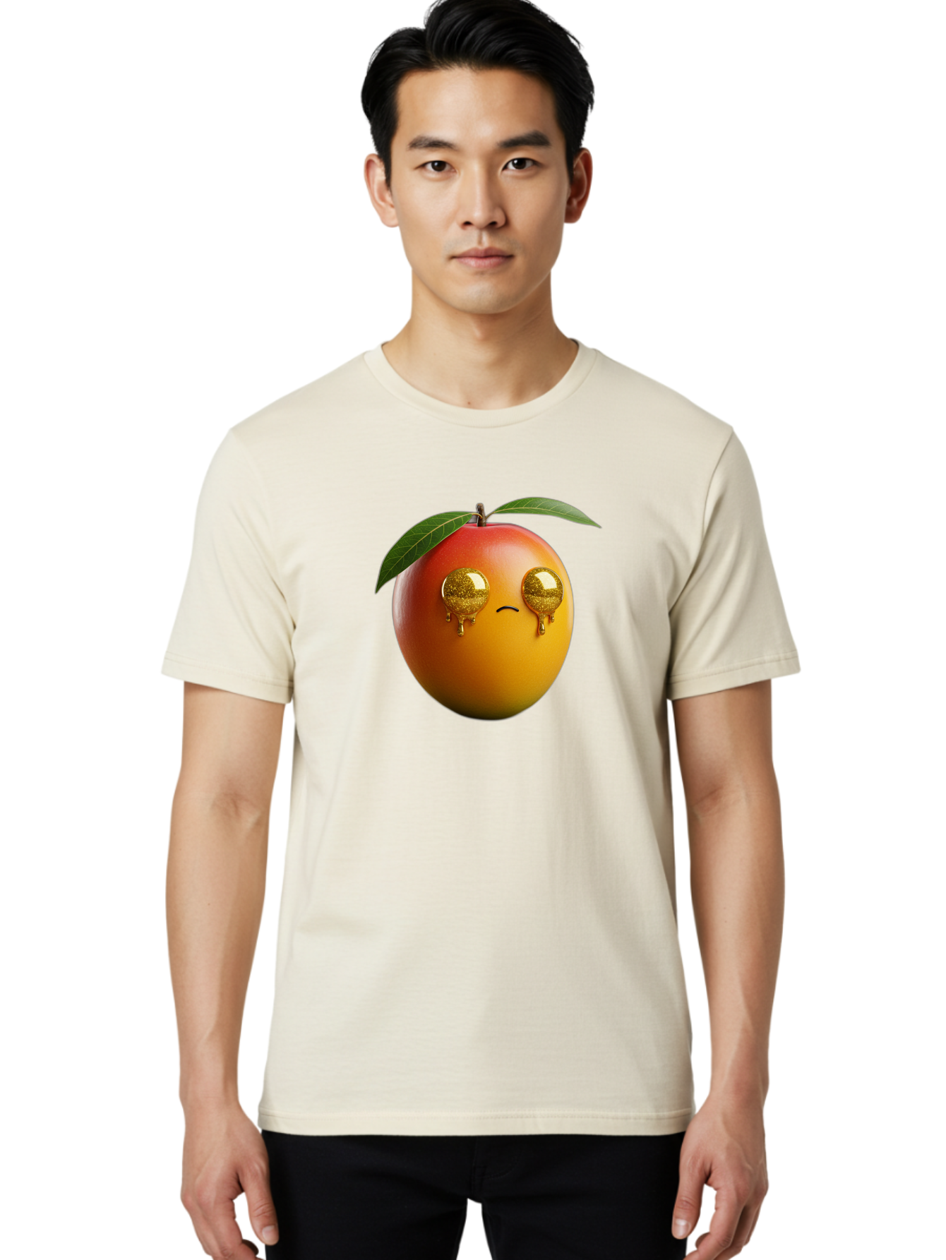 Crying-Mango Men'S Graphic Tee, 100% Cotton, Comfortable Casual Summer Wear, Machine Washable, Peach Fruit, Cartoon Character, Sad Face, Glossy Eyes, Vibrant Colors, Digital Art, Emotive Expression, Funny Fruit Bab827