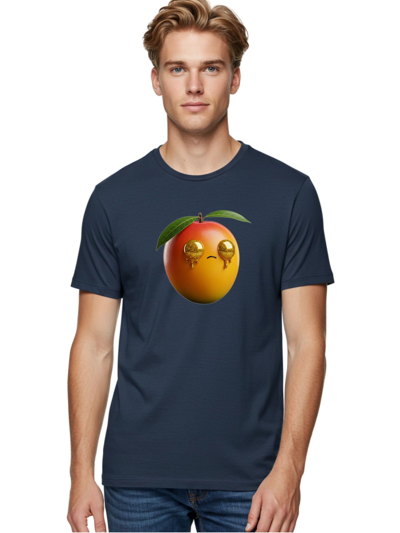 Crying-Mango Men'S Graphic Tee, 100% Cotton, Comfortable Casual Summer Wear, Machine Washable, Peach Fruit, Cartoon Character, Sad Face, Glossy Eyes, Vibrant Colors, Digital Art, Emotive Expression, Funny Fruit Bab827