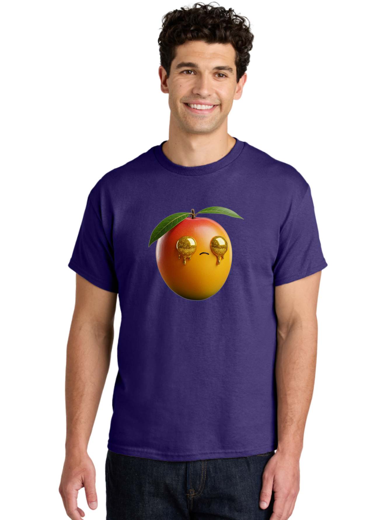 Crying-Mango Men'S Graphic Tee, 100% Cotton, Comfortable Casual Summer Wear, Machine Washable, Peach Fruit, Cartoon Character, Sad Face, Glossy Eyes, Vibrant Colors, Digital Art, Emotive Expression, Funny Fruit Bab827