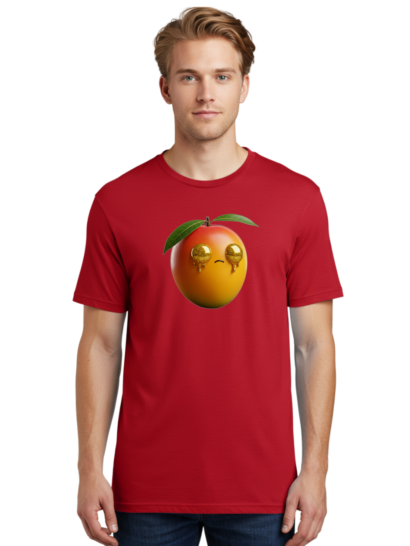 Crying-Mango Men'S Graphic Tee, 100% Cotton, Comfortable Casual Summer Wear, Machine Washable, Peach Fruit, Cartoon Character, Sad Face, Glossy Eyes, Vibrant Colors, Digital Art, Emotive Expression, Funny Fruit Bab827