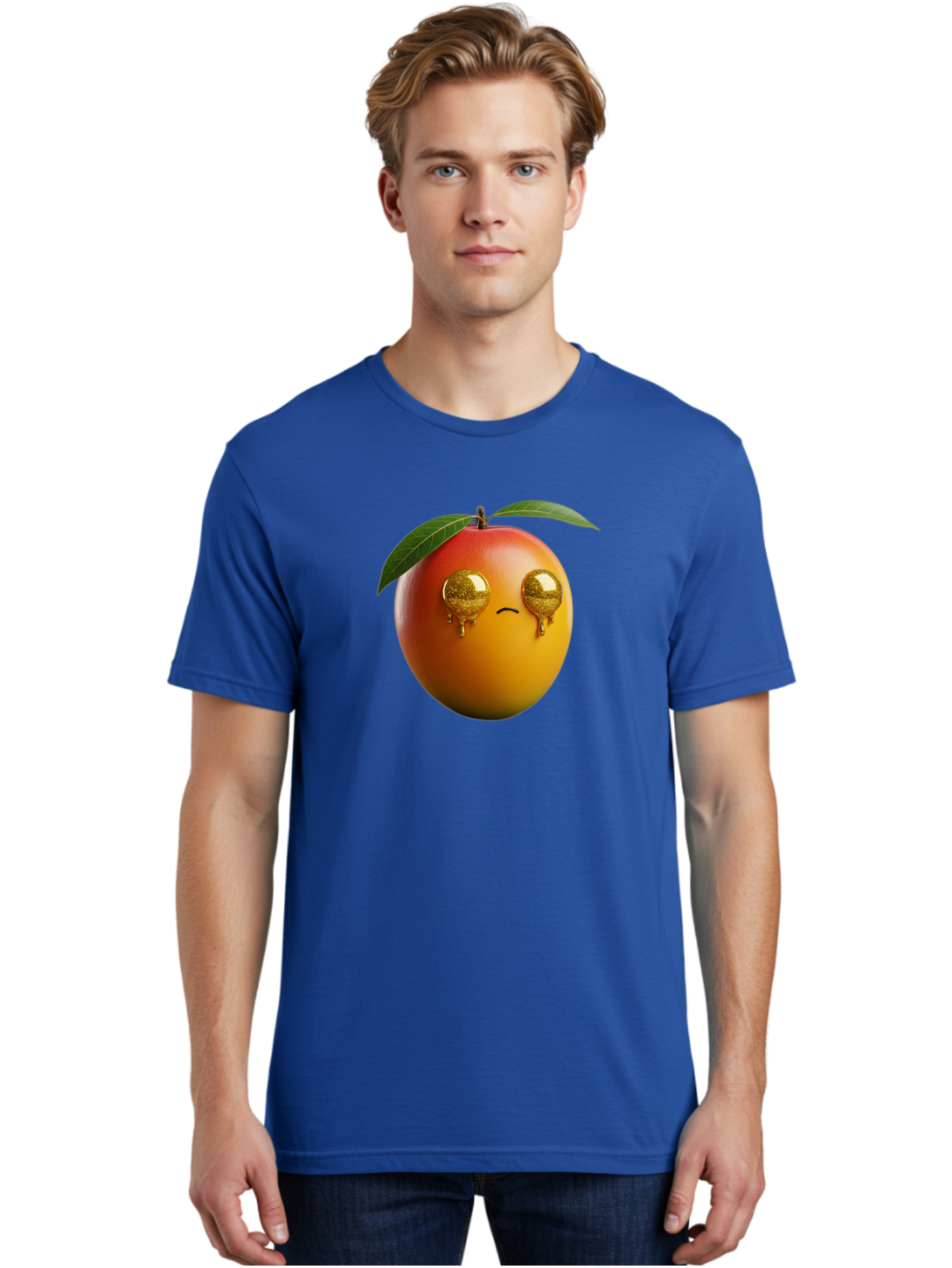 Crying-Mango Men'S Graphic Tee, 100% Cotton, Comfortable Casual Summer Wear, Machine Washable, Peach Fruit, Cartoon Character, Sad Face, Glossy Eyes, Vibrant Colors, Digital Art, Emotive Expression, Funny Fruit Bab827