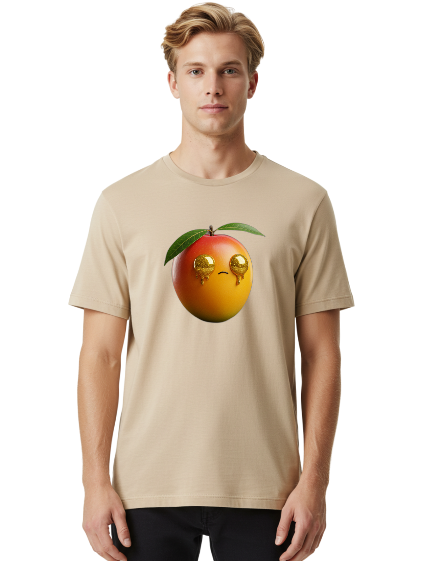 Crying-Mango Men'S Graphic Tee, 100% Cotton, Comfortable Casual Summer Wear, Machine Washable, Peach Fruit, Cartoon Character, Sad Face, Glossy Eyes, Vibrant Colors, Digital Art, Emotive Expression, Funny Fruit Bab827