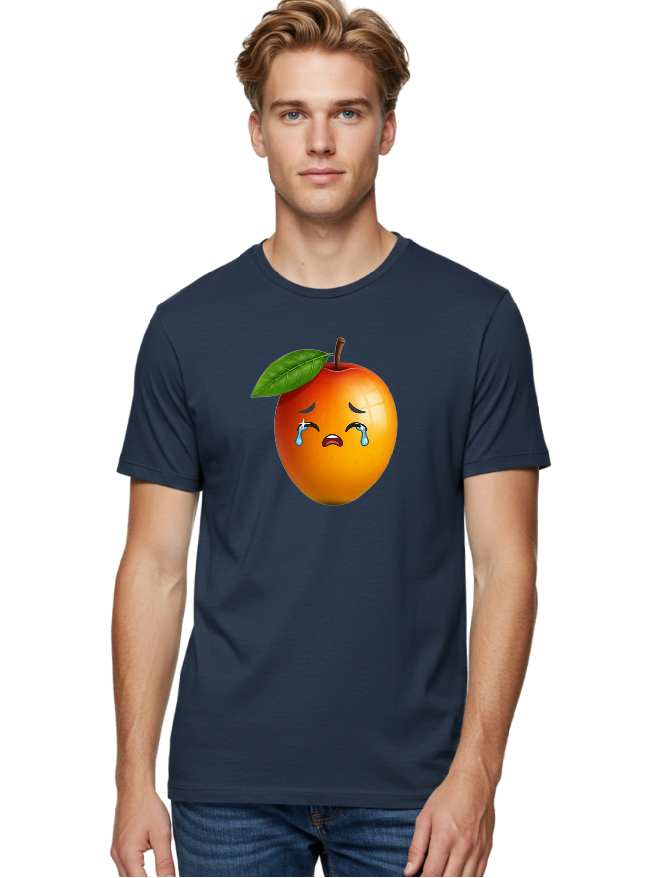 Crying-Peach Men'S Graphic Tee, 100% Cotton, Comfortable Casual Summer Wear, Machine Washable, Peach Fruit, Crying Face, Sad Expression, Tears, Sorrowful Emoji, Fruit Emoji, Emotional Face, Crying Peach, Peach With Tears Bab828