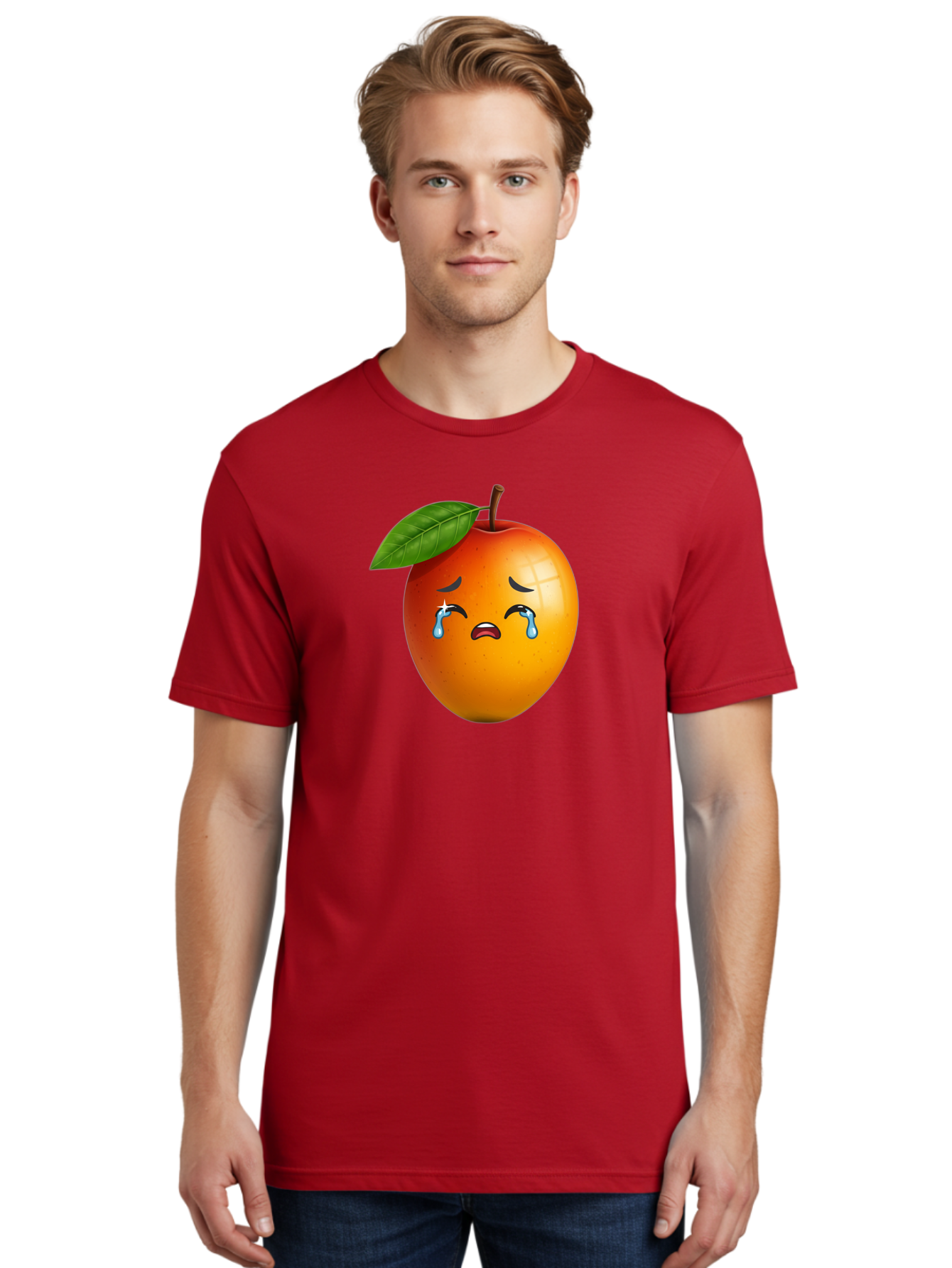Crying-Peach Men'S Graphic Tee, 100% Cotton, Comfortable Casual Summer Wear, Machine Washable, Peach Fruit, Crying Face, Sad Expression, Tears, Sorrowful Emoji, Fruit Emoji, Emotional Face, Crying Peach, Peach With Tears Bab828