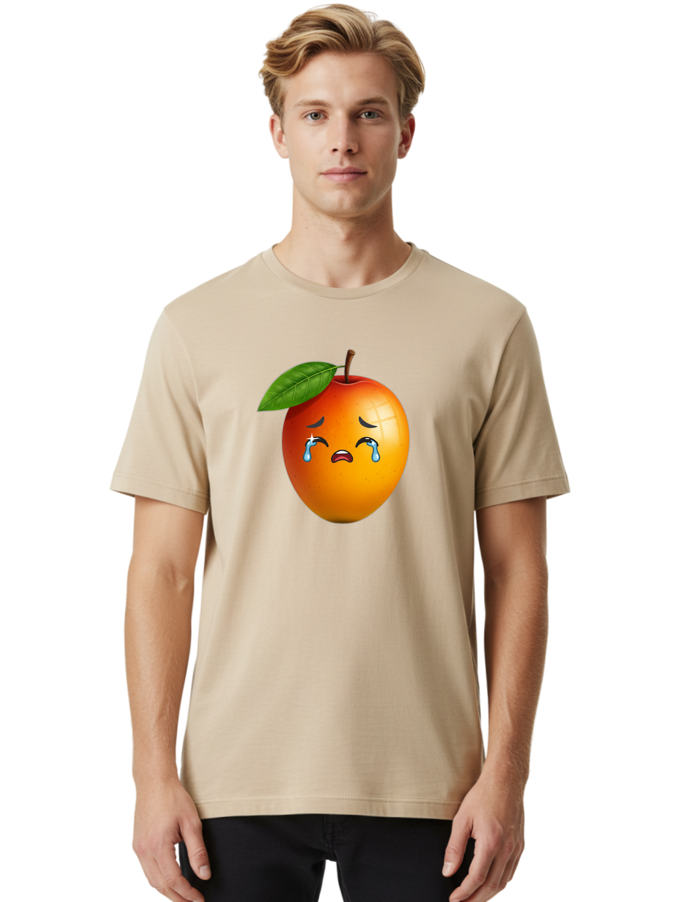 Crying-Peach Men'S Graphic Tee, 100% Cotton, Comfortable Casual Summer Wear, Machine Washable, Peach Fruit, Crying Face, Sad Expression, Tears, Sorrowful Emoji, Fruit Emoji, Emotional Face, Crying Peach, Peach With Tears Bab828