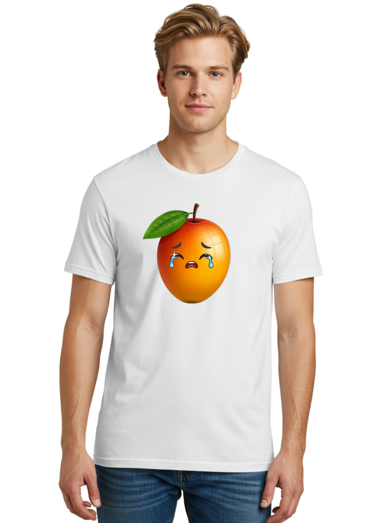 Crying-Peach Men'S Graphic Tee, 100% Cotton, Comfortable Casual Summer Wear, Machine Washable, Peach Fruit, Crying Face, Sad Expression, Tears, Sorrowful Emoji, Fruit Emoji, Emotional Face, Crying Peach, Peach With Tears Bab828