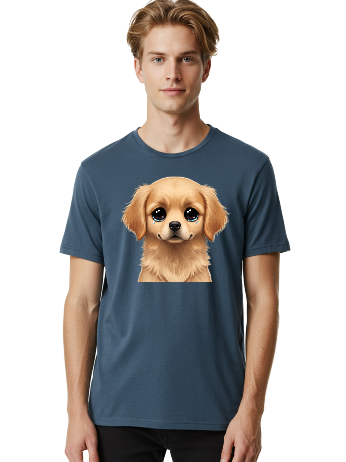 Crying-Puppy Men'S Graphic Tee, 100% Cotton, Comfortable Casual Summer Wear, Machine Washable, Sad Puppy, Crying Dog, Puppy Face, Sad Eyes, Dog Tears, Sorrowful Puppy, Adorable Puppy, Cute Dog, Dog Emotions Bab830