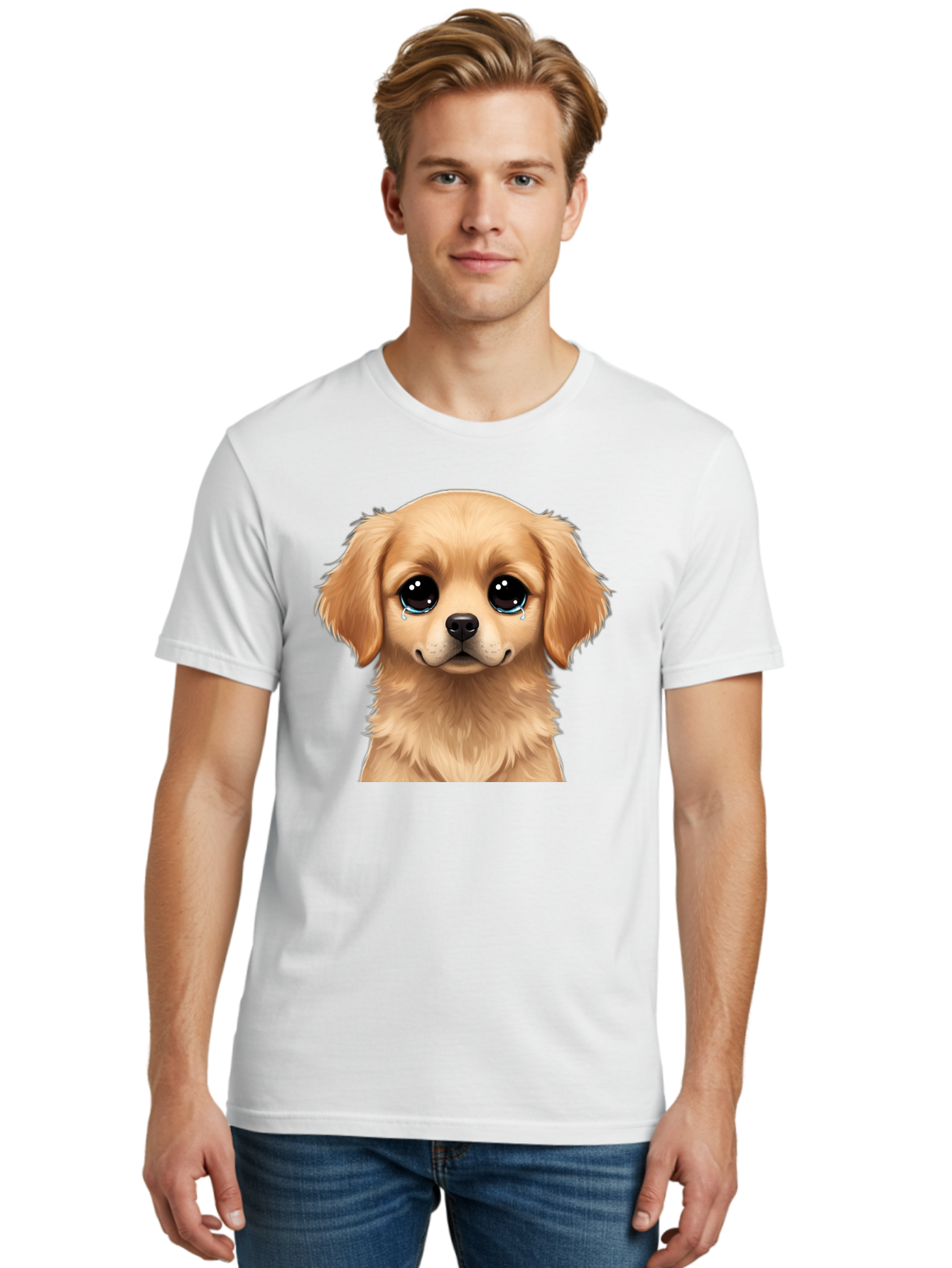 Crying-Puppy Men'S Graphic Tee, 100% Cotton, Comfortable Casual Summer Wear, Machine Washable, Sad Puppy, Crying Dog, Puppy Face, Sad Eyes, Dog Tears, Sorrowful Puppy, Adorable Puppy, Cute Dog, Dog Emotions Bab830