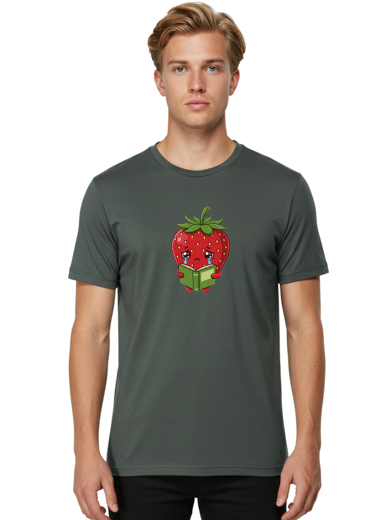 Crying-Strawberry Men'S Graphic Tee, 100% Cotton, Comfortable Casual Summer Wear, Machine Washable, Sad Strawberry, Crying While Reading, Emotional Fruit, Cartoon Character, Green Book, Tears Streaming Down, Sorrowful Expression, Bab831