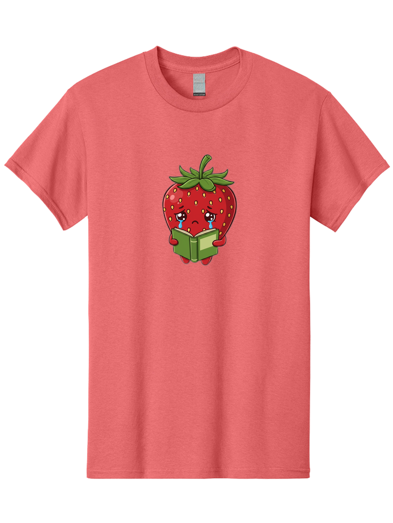 Crying-Strawberry Men'S Graphic Tee, 100% Cotton, Comfortable Casual Summer Wear, Machine Washable, Sad Strawberry, Crying While Reading, Emotional Fruit, Cartoon Character, Green Book, Tears Streaming Down, Sorrowful Expression, Bab831