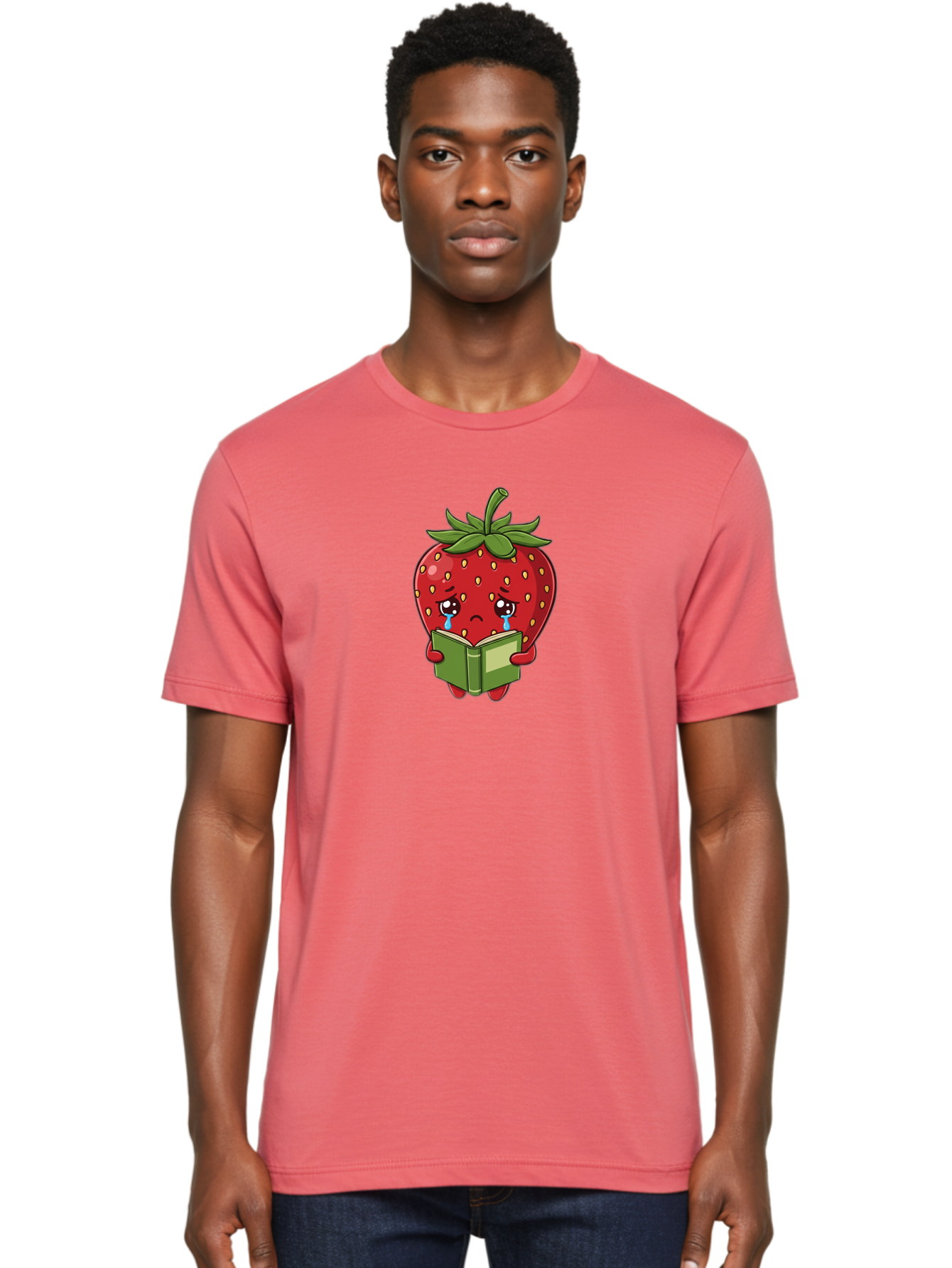 Crying-Strawberry Men'S Graphic Tee, 100% Cotton, Comfortable Casual Summer Wear, Machine Washable, Sad Strawberry, Crying While Reading, Emotional Fruit, Cartoon Character, Green Book, Tears Streaming Down, Sorrowful Expression, Bab831