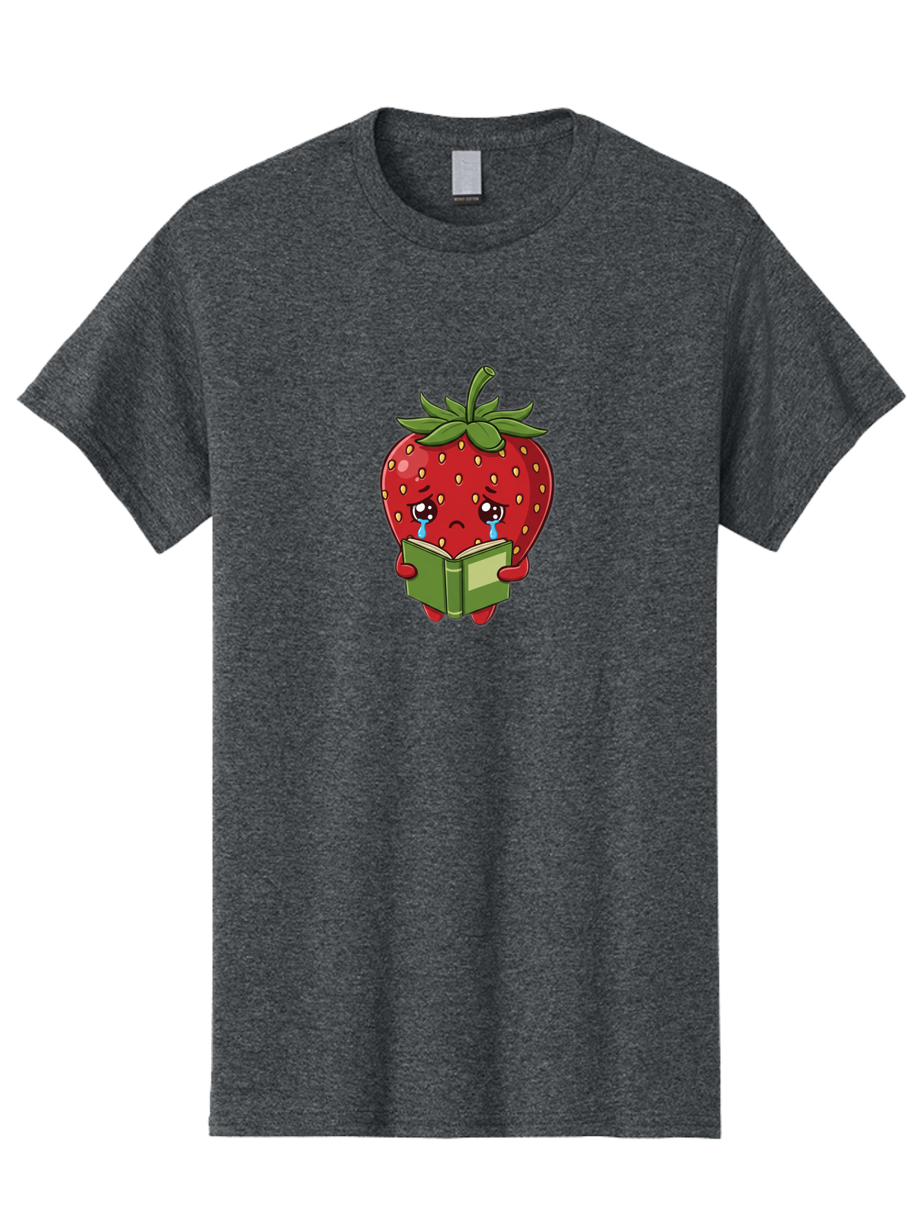 Crying-Strawberry Men'S Graphic Tee, 100% Cotton, Comfortable Casual Summer Wear, Machine Washable, Sad Strawberry, Crying While Reading, Emotional Fruit, Cartoon Character, Green Book, Tears Streaming Down, Sorrowful Expression, Bab831