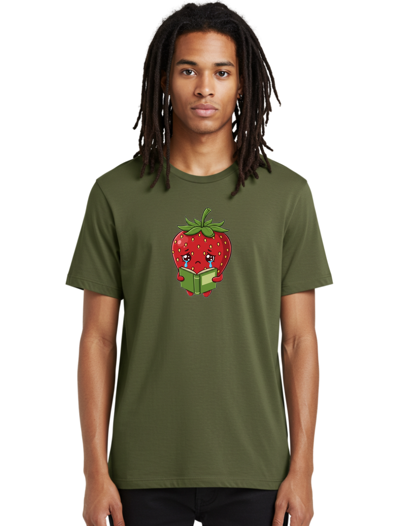 Crying-Strawberry Men'S Graphic Tee, 100% Cotton, Comfortable Casual Summer Wear, Machine Washable, Sad Strawberry, Crying While Reading, Emotional Fruit, Cartoon Character, Green Book, Tears Streaming Down, Sorrowful Expression, Bab831