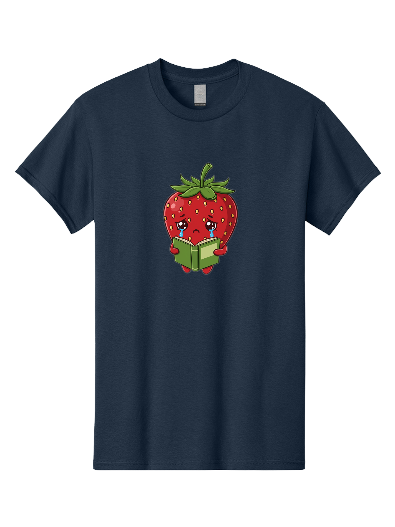 Crying-Strawberry Men'S Graphic Tee, 100% Cotton, Comfortable Casual Summer Wear, Machine Washable, Sad Strawberry, Crying While Reading, Emotional Fruit, Cartoon Character, Green Book, Tears Streaming Down, Sorrowful Expression, Bab831