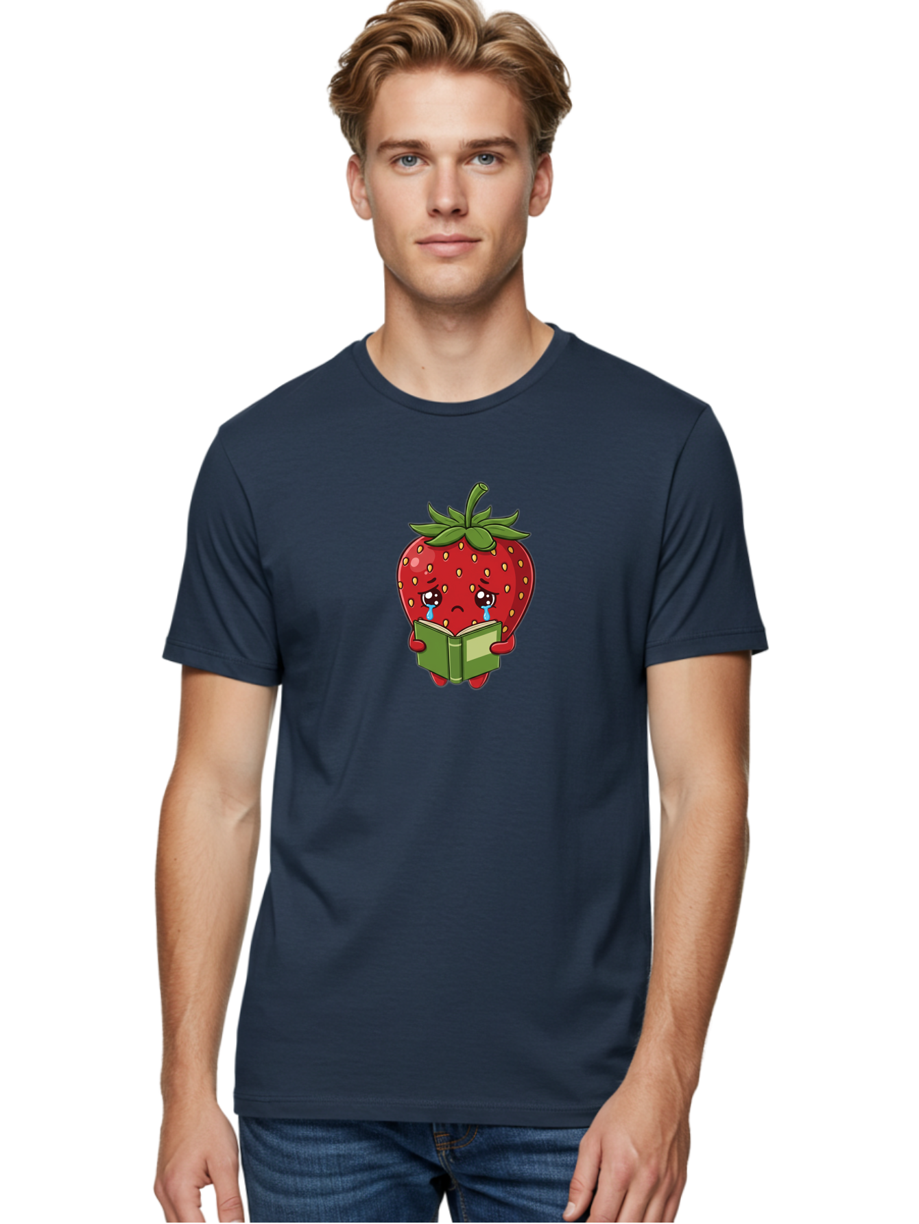 Crying-Strawberry Men'S Graphic Tee, 100% Cotton, Comfortable Casual Summer Wear, Machine Washable, Sad Strawberry, Crying While Reading, Emotional Fruit, Cartoon Character, Green Book, Tears Streaming Down, Sorrowful Expression, Bab831