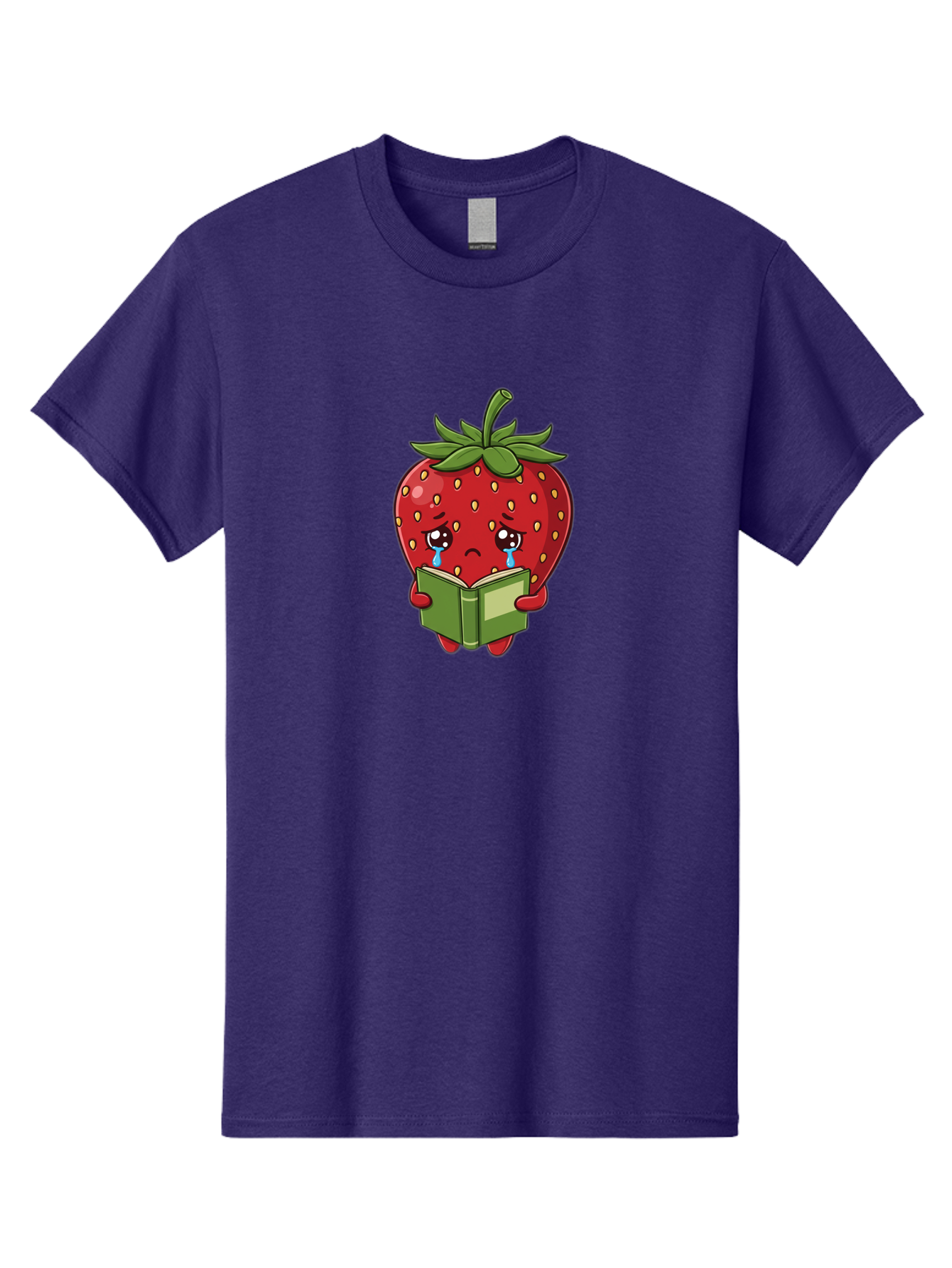 Crying-Strawberry Men'S Graphic Tee, 100% Cotton, Comfortable Casual Summer Wear, Machine Washable, Sad Strawberry, Crying While Reading, Emotional Fruit, Cartoon Character, Green Book, Tears Streaming Down, Sorrowful Expression, Bab831