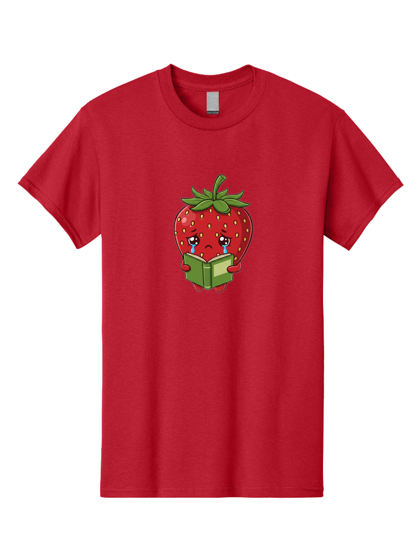Crying-Strawberry Men'S Graphic Tee, 100% Cotton, Comfortable Casual Summer Wear, Machine Washable, Sad Strawberry, Crying While Reading, Emotional Fruit, Cartoon Character, Green Book, Tears Streaming Down, Sorrowful Expression, Bab831