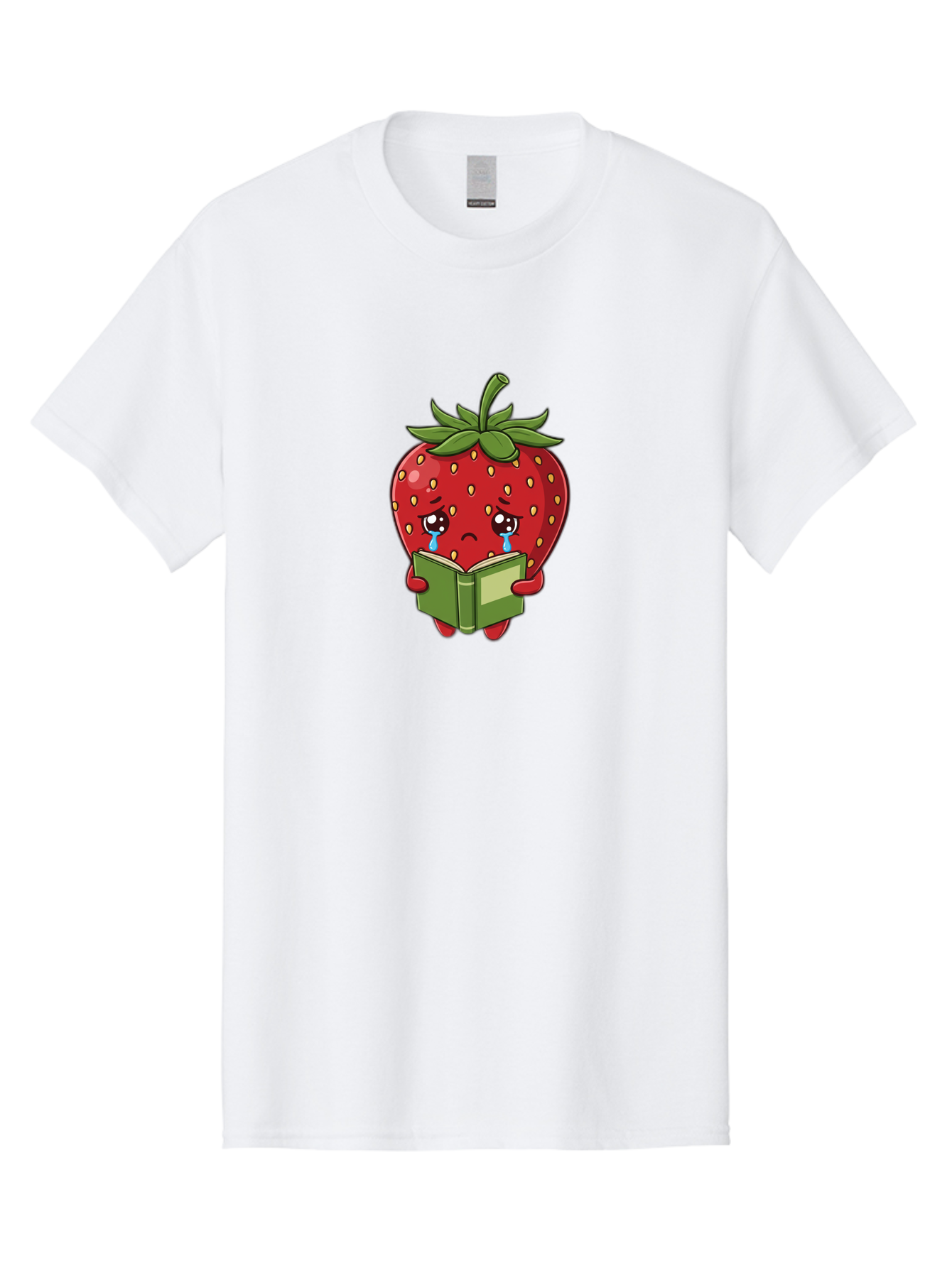 Crying-Strawberry Men'S Graphic Tee, 100% Cotton, Comfortable Casual Summer Wear, Machine Washable, Sad Strawberry, Crying While Reading, Emotional Fruit, Cartoon Character, Green Book, Tears Streaming Down, Sorrowful Expression, Bab831
