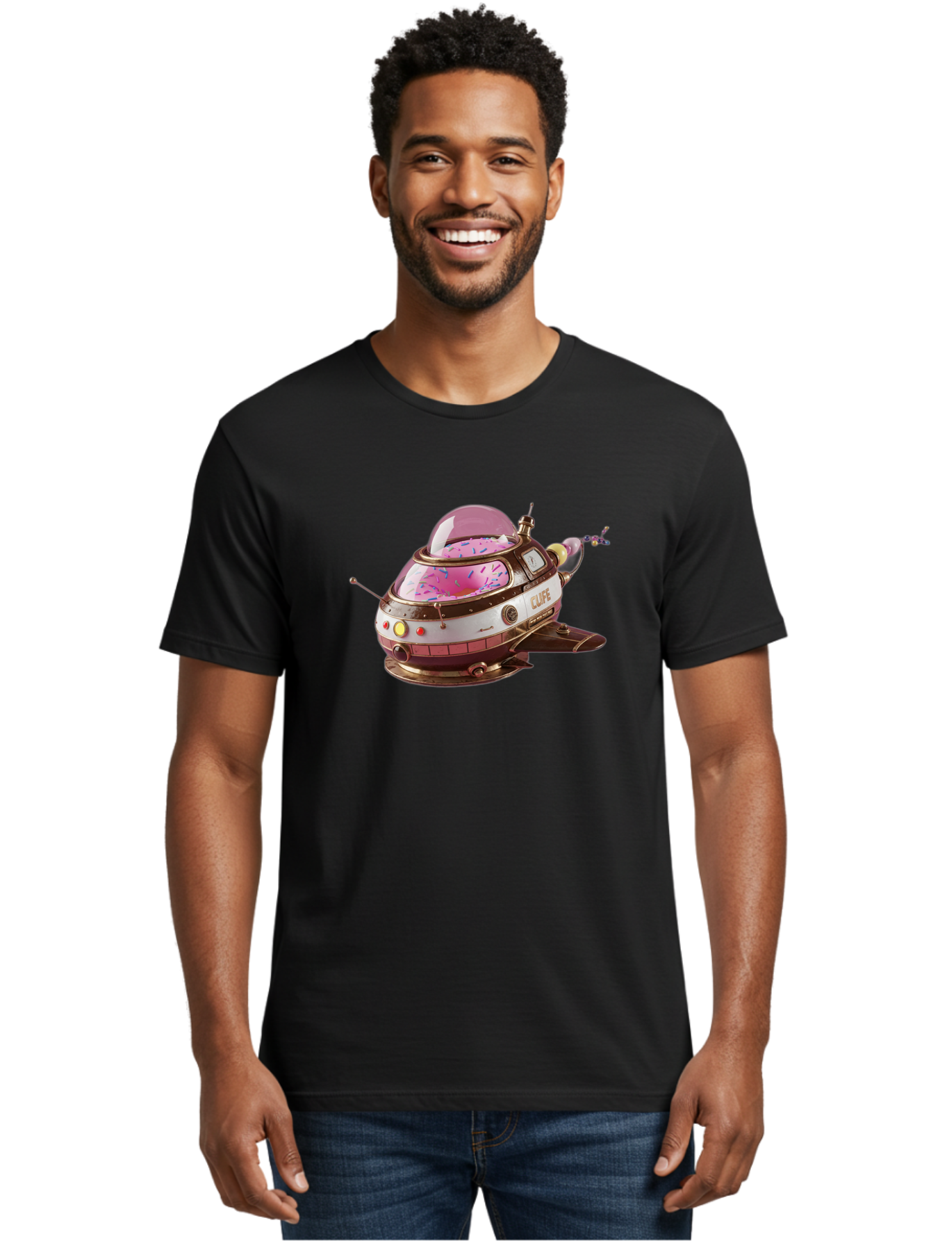 Cufe-Spacecraft Men'S Graphic Tee, 100% Cotton, Comfortable Casual Summer Wear, Machine Washable, Cupcake Spaceship, Futuristic Dessert, Whimsical Design, Sprinkles, Pink Frosting, Retro-Futuristic Style, Cartoonish Charm, Sci-Fi Treat Bab832