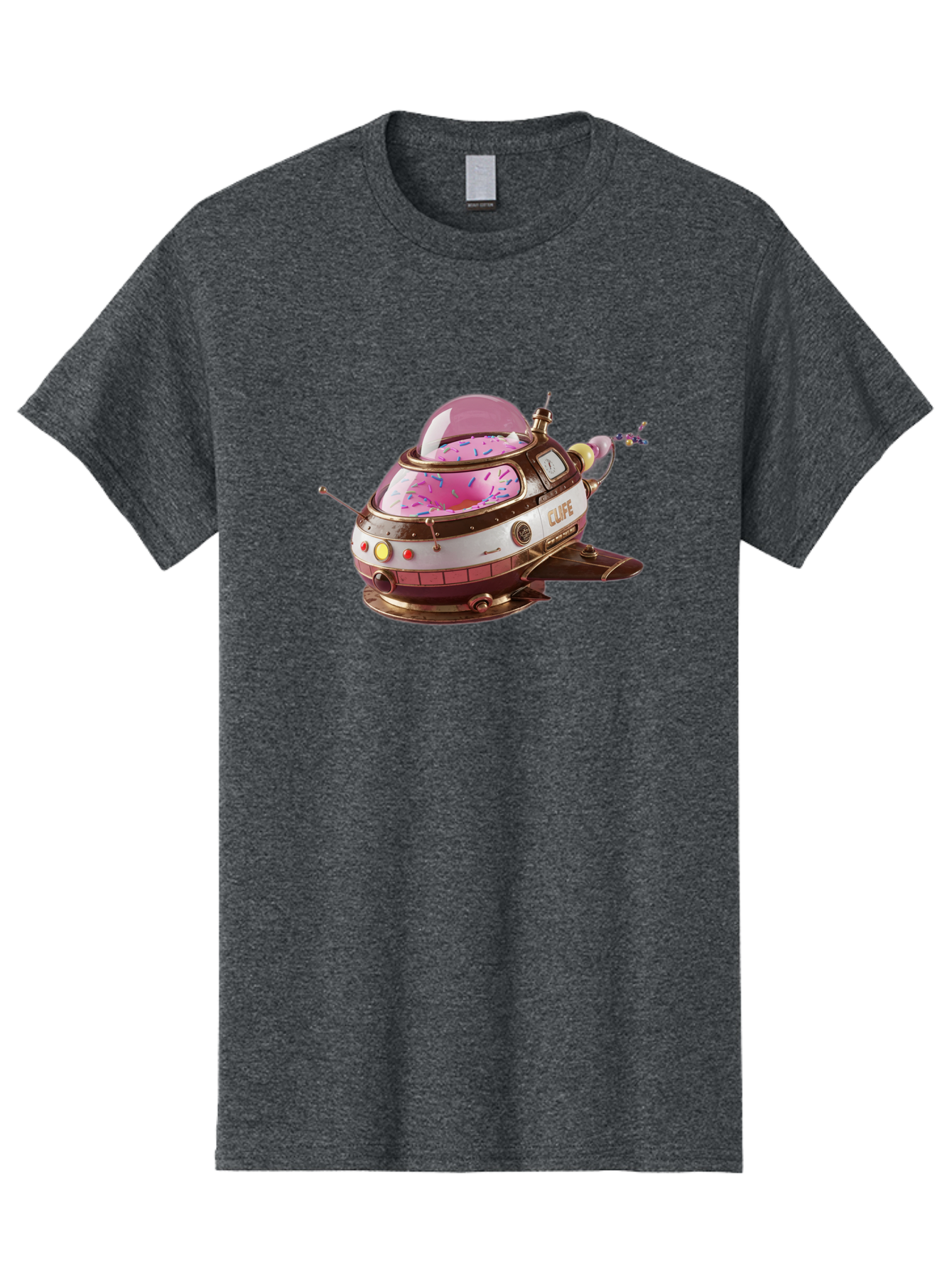 Cufe-Spacecraft Men'S Graphic Tee, 100% Cotton, Comfortable Casual Summer Wear, Machine Washable, Cupcake Spaceship, Futuristic Dessert, Whimsical Design, Sprinkles, Pink Frosting, Retro-Futuristic Style, Cartoonish Charm, Sci-Fi Treat Bab832