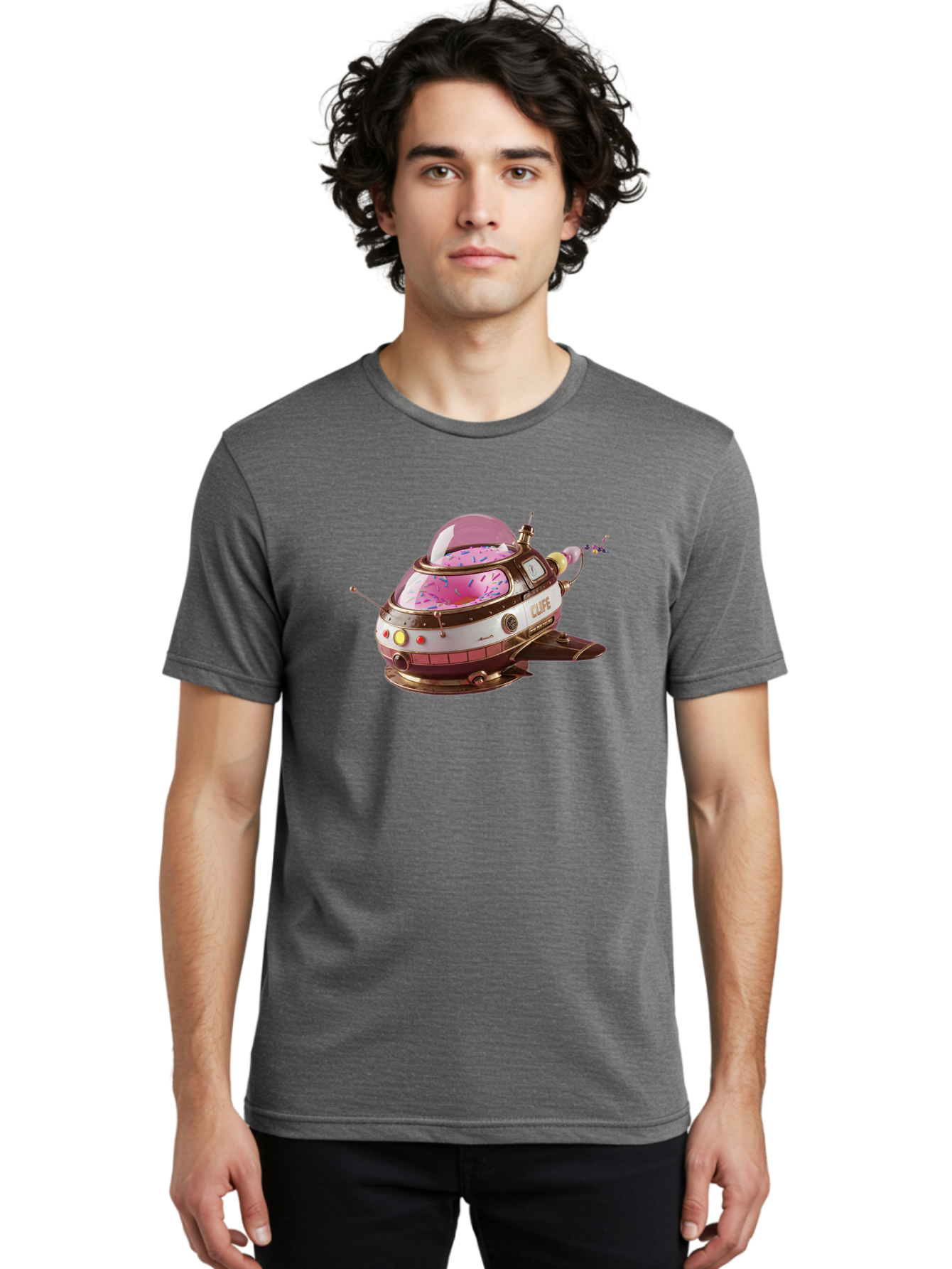 Cufe-Spacecraft Men'S Graphic Tee, 100% Cotton, Comfortable Casual Summer Wear, Machine Washable, Cupcake Spaceship, Futuristic Dessert, Whimsical Design, Sprinkles, Pink Frosting, Retro-Futuristic Style, Cartoonish Charm, Sci-Fi Treat Bab832