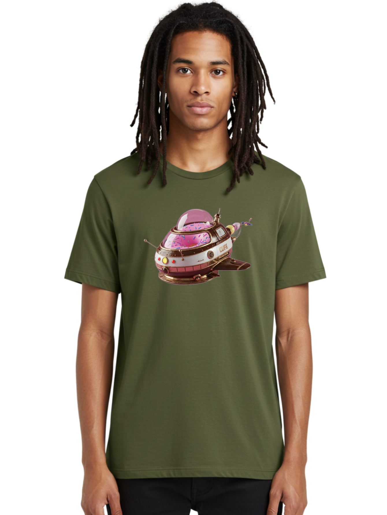 Cufe-Spacecraft Men'S Graphic Tee, 100% Cotton, Comfortable Casual Summer Wear, Machine Washable, Cupcake Spaceship, Futuristic Dessert, Whimsical Design, Sprinkles, Pink Frosting, Retro-Futuristic Style, Cartoonish Charm, Sci-Fi Treat Bab832