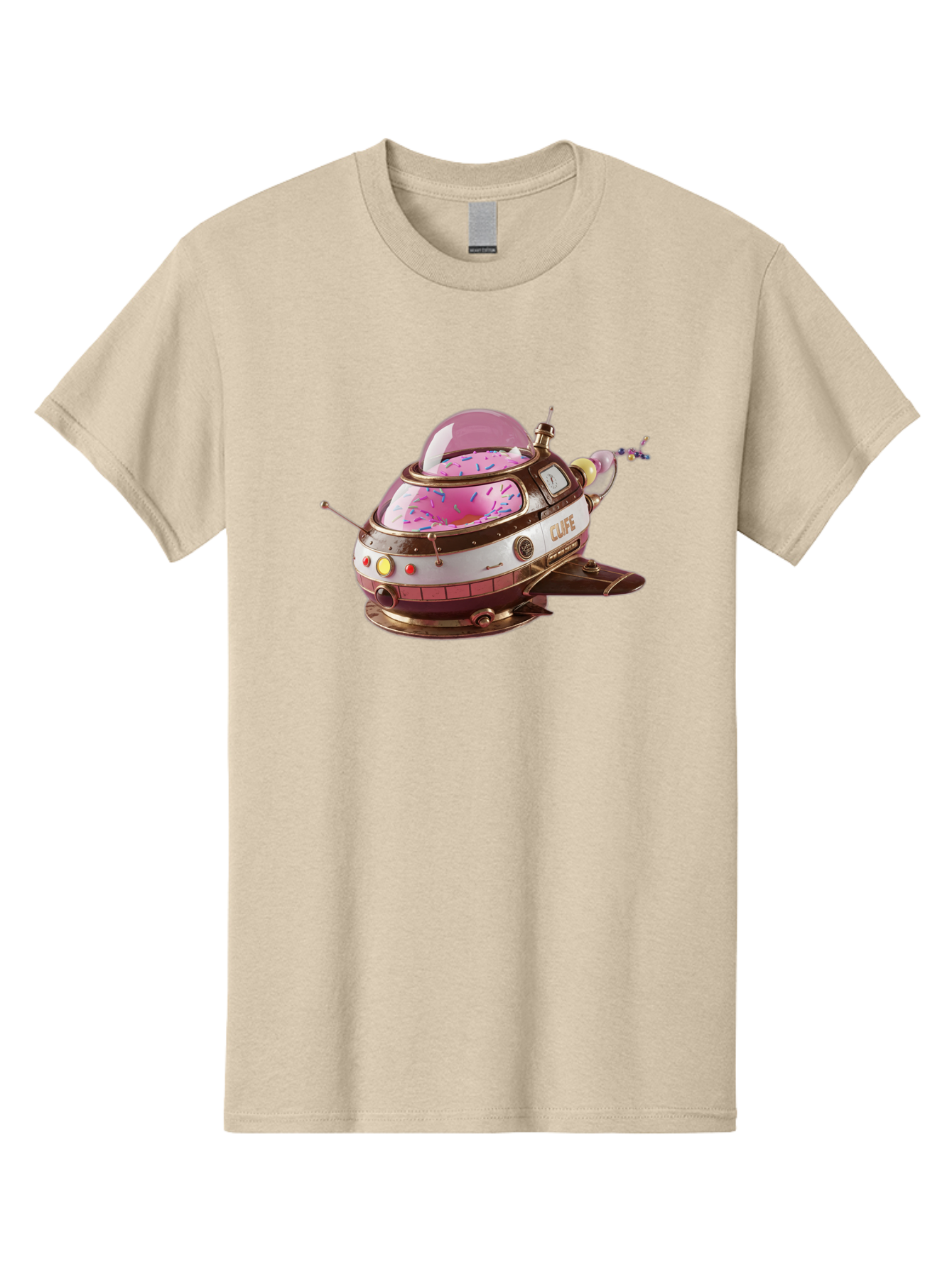 Cufe-Spacecraft Men'S Graphic Tee, 100% Cotton, Comfortable Casual Summer Wear, Machine Washable, Cupcake Spaceship, Futuristic Dessert, Whimsical Design, Sprinkles, Pink Frosting, Retro-Futuristic Style, Cartoonish Charm, Sci-Fi Treat Bab832