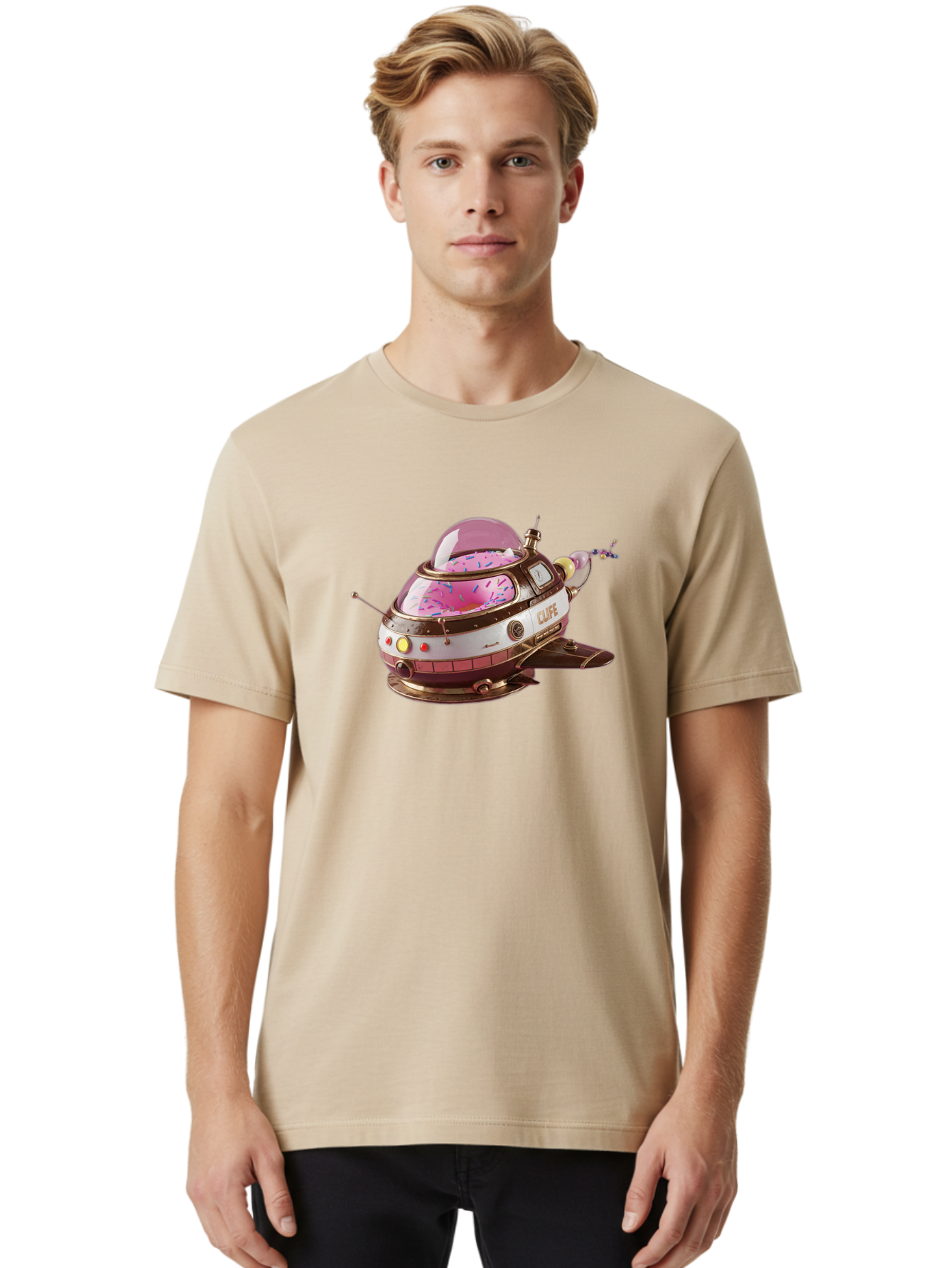 Cufe-Spacecraft Men'S Graphic Tee, 100% Cotton, Comfortable Casual Summer Wear, Machine Washable, Cupcake Spaceship, Futuristic Dessert, Whimsical Design, Sprinkles, Pink Frosting, Retro-Futuristic Style, Cartoonish Charm, Sci-Fi Treat Bab832