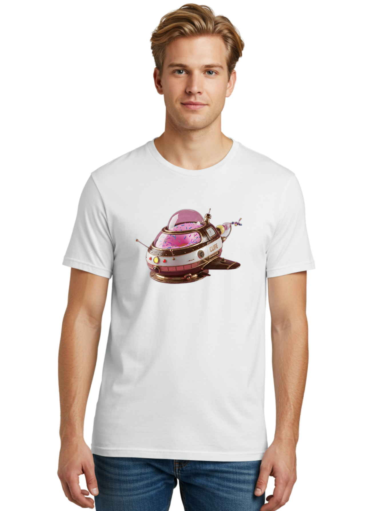 Cufe-Spacecraft Men'S Graphic Tee, 100% Cotton, Comfortable Casual Summer Wear, Machine Washable, Cupcake Spaceship, Futuristic Dessert, Whimsical Design, Sprinkles, Pink Frosting, Retro-Futuristic Style, Cartoonish Charm, Sci-Fi Treat Bab832