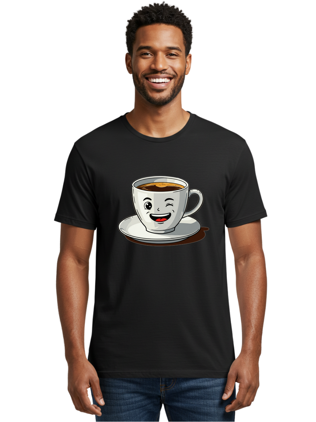 Cup-Of-Coffee-1 Men'S Graphic Tee, 100% Cotton, Comfortable Casual Summer Wear, Machine Washable, Happy Coffee Cup, Smiling Face, Coffee Time, Morning Pick-Me-Up, Caffeinated Beverage, Cartoon Character, Coffee Lover, Funny Illustration, Bab833