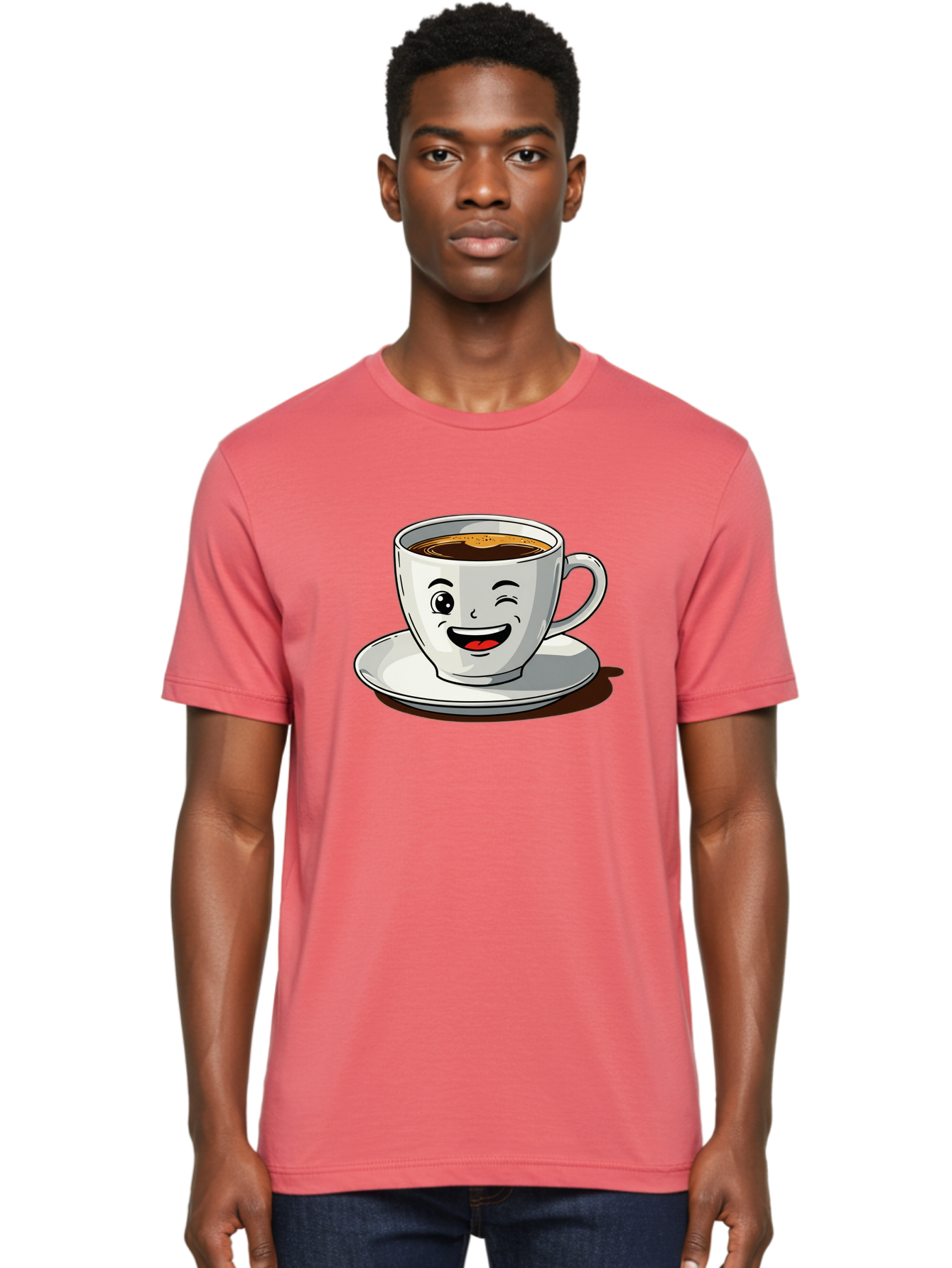 Cup-Of-Coffee-1 Men'S Graphic Tee, 100% Cotton, Comfortable Casual Summer Wear, Machine Washable, Happy Coffee Cup, Smiling Face, Coffee Time, Morning Pick-Me-Up, Caffeinated Beverage, Cartoon Character, Coffee Lover, Funny Illustration, Bab833