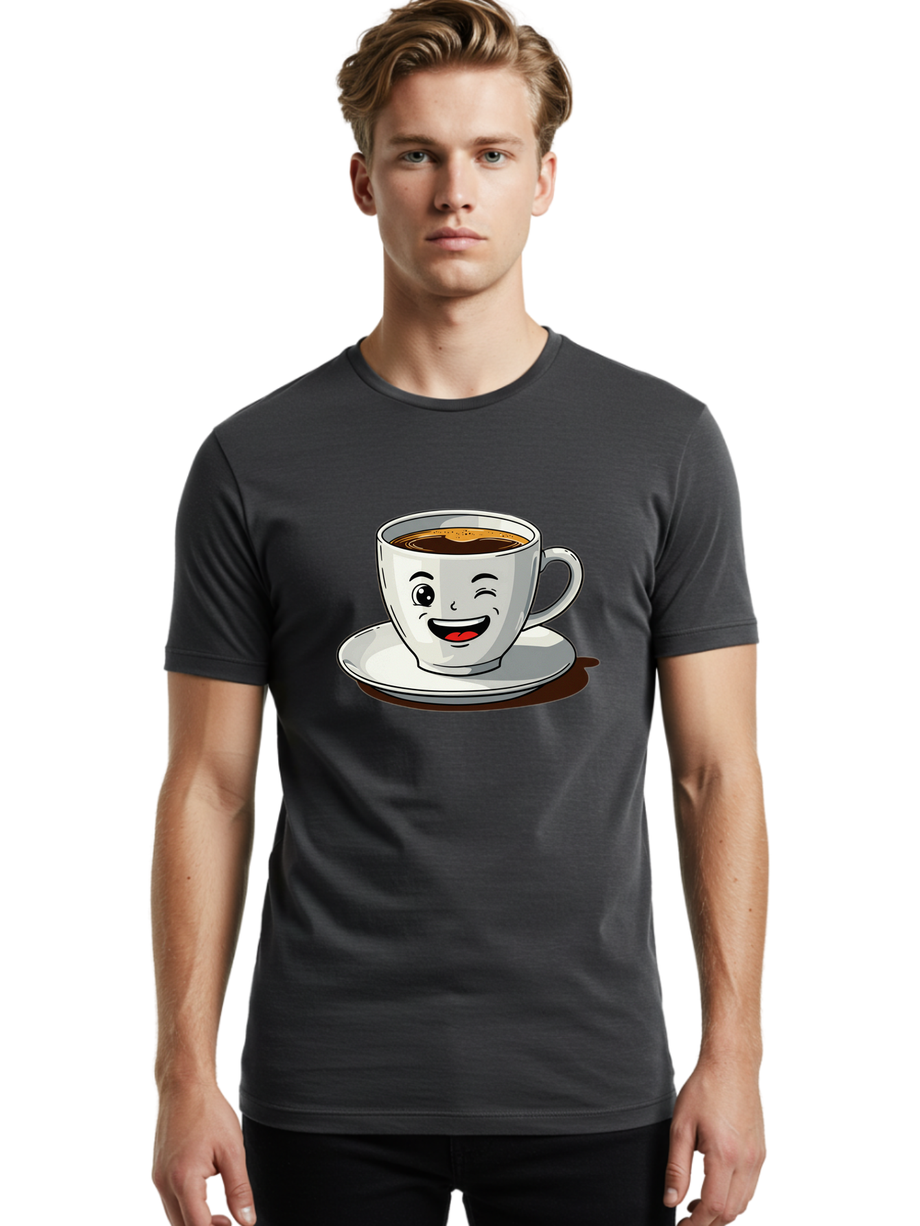 Cup-Of-Coffee-1 Men'S Graphic Tee, 100% Cotton, Comfortable Casual Summer Wear, Machine Washable, Happy Coffee Cup, Smiling Face, Coffee Time, Morning Pick-Me-Up, Caffeinated Beverage, Cartoon Character, Coffee Lover, Funny Illustration, Bab833