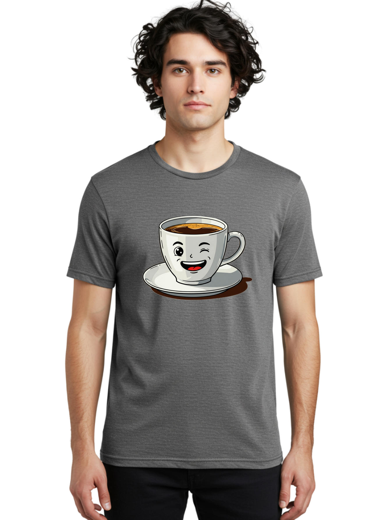 Cup-Of-Coffee-1 Men'S Graphic Tee, 100% Cotton, Comfortable Casual Summer Wear, Machine Washable, Happy Coffee Cup, Smiling Face, Coffee Time, Morning Pick-Me-Up, Caffeinated Beverage, Cartoon Character, Coffee Lover, Funny Illustration, Bab833