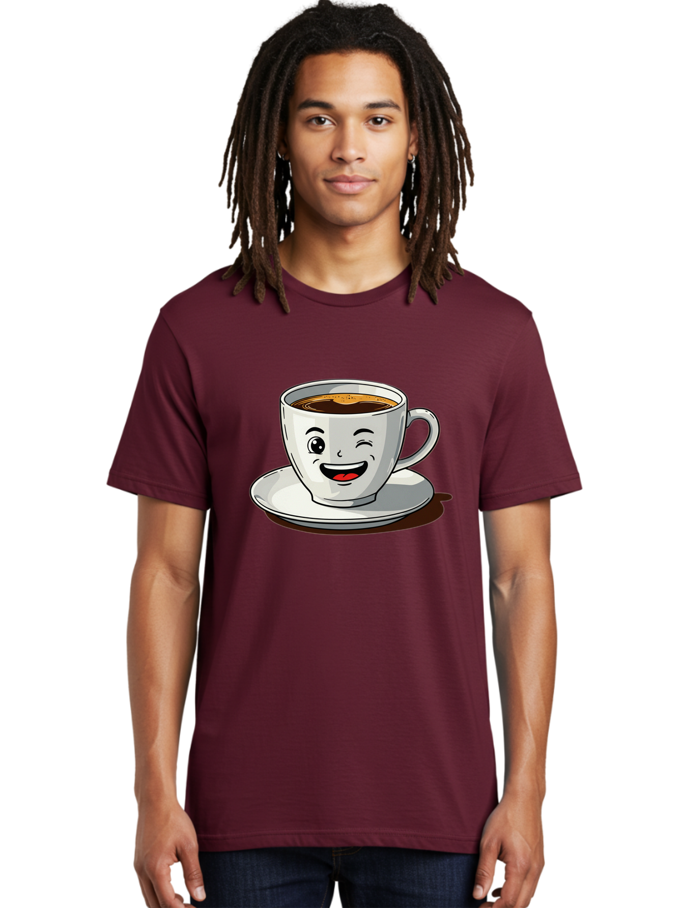 Cup-Of-Coffee-1 Men'S Graphic Tee, 100% Cotton, Comfortable Casual Summer Wear, Machine Washable, Happy Coffee Cup, Smiling Face, Coffee Time, Morning Pick-Me-Up, Caffeinated Beverage, Cartoon Character, Coffee Lover, Funny Illustration, Bab833