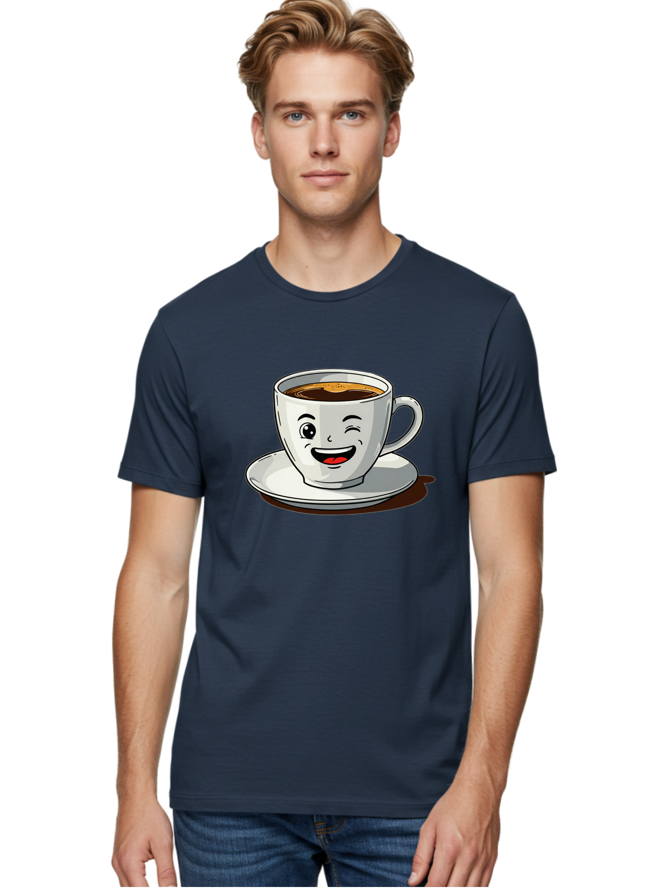 Cup-Of-Coffee-1 Men'S Graphic Tee, 100% Cotton, Comfortable Casual Summer Wear, Machine Washable, Happy Coffee Cup, Smiling Face, Coffee Time, Morning Pick-Me-Up, Caffeinated Beverage, Cartoon Character, Coffee Lover, Funny Illustration, Bab833