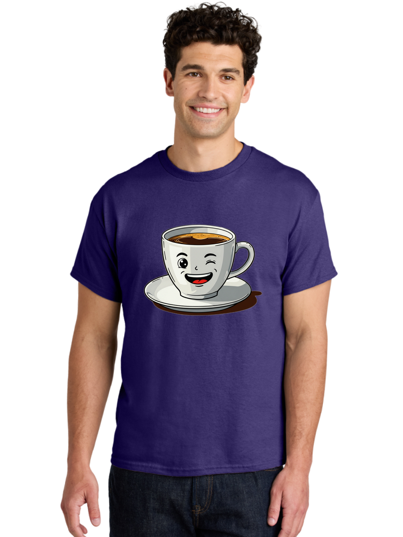 Cup-Of-Coffee-1 Men'S Graphic Tee, 100% Cotton, Comfortable Casual Summer Wear, Machine Washable, Happy Coffee Cup, Smiling Face, Coffee Time, Morning Pick-Me-Up, Caffeinated Beverage, Cartoon Character, Coffee Lover, Funny Illustration, Bab833