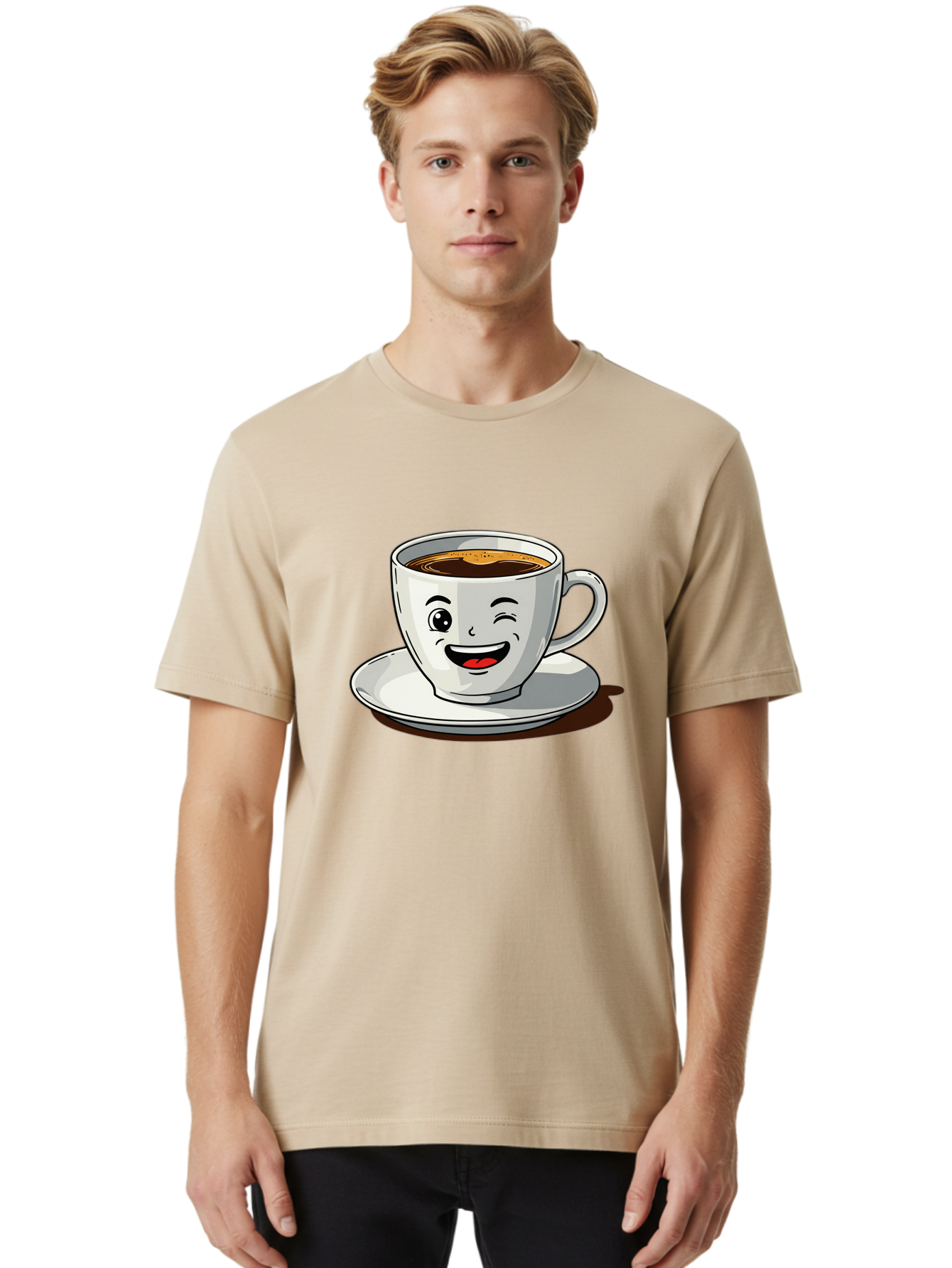 Cup-Of-Coffee-1 Men'S Graphic Tee, 100% Cotton, Comfortable Casual Summer Wear, Machine Washable, Happy Coffee Cup, Smiling Face, Coffee Time, Morning Pick-Me-Up, Caffeinated Beverage, Cartoon Character, Coffee Lover, Funny Illustration, Bab833