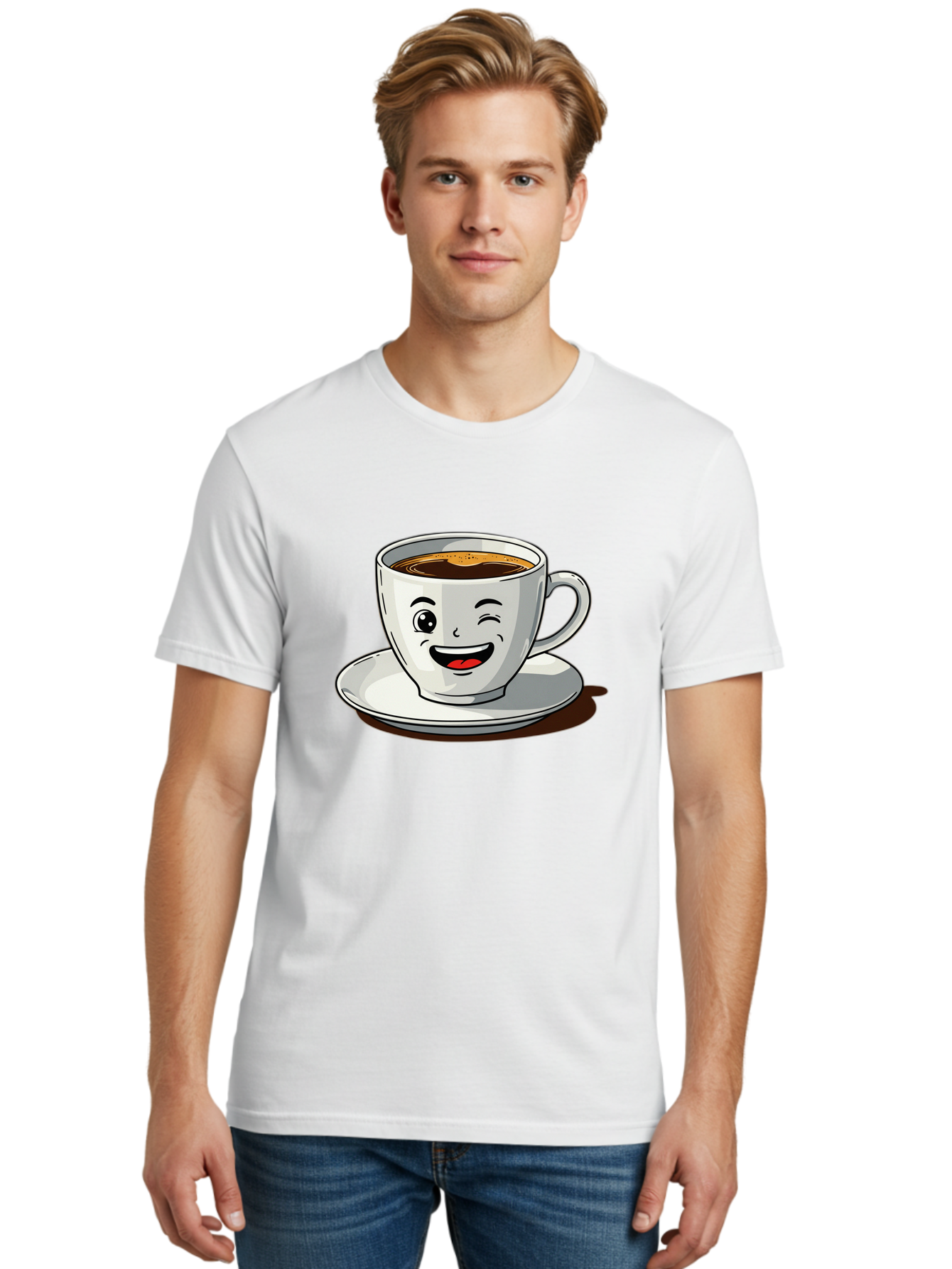 Cup-Of-Coffee-1 Men'S Graphic Tee, 100% Cotton, Comfortable Casual Summer Wear, Machine Washable, Happy Coffee Cup, Smiling Face, Coffee Time, Morning Pick-Me-Up, Caffeinated Beverage, Cartoon Character, Coffee Lover, Funny Illustration, Bab833