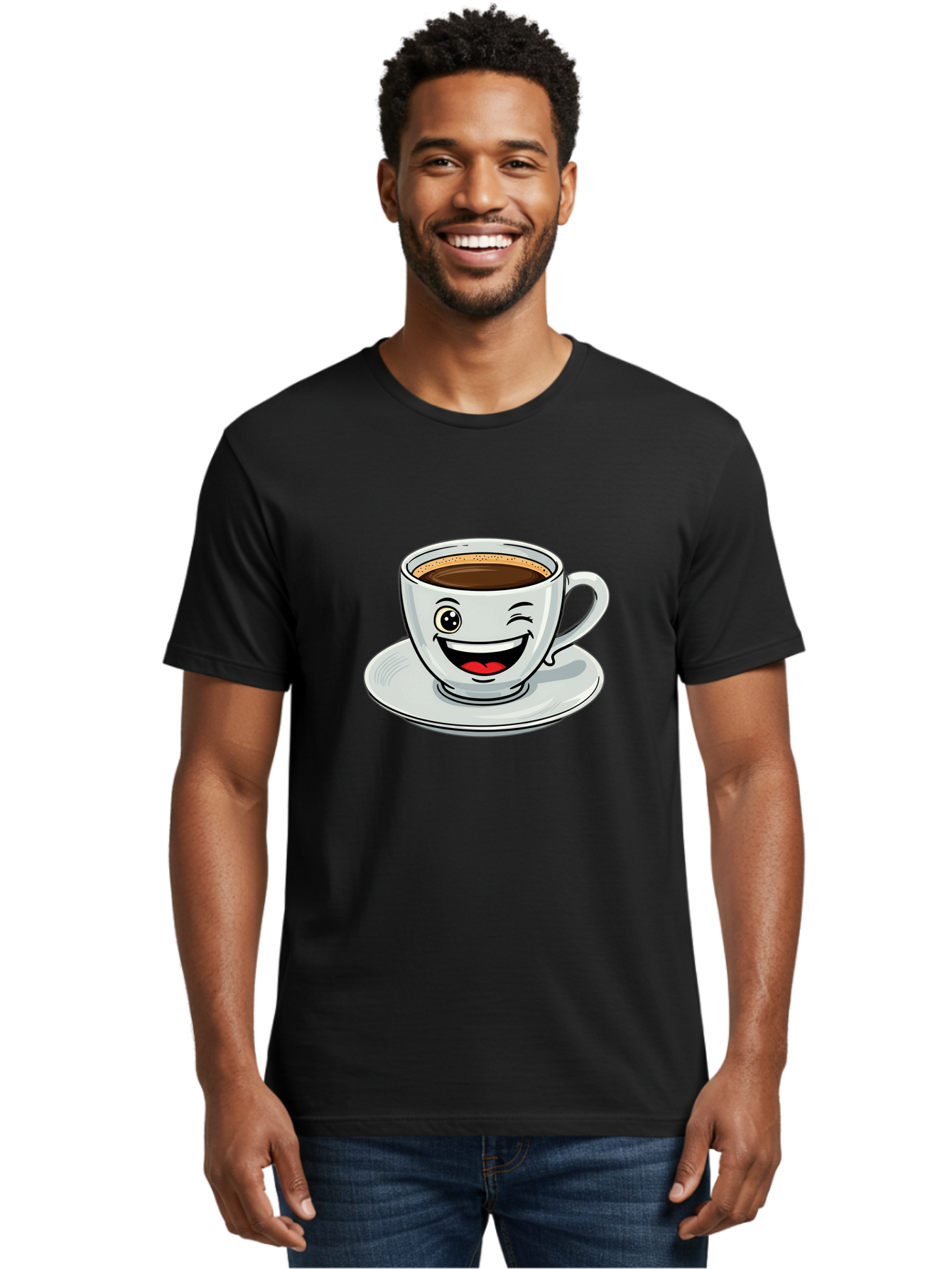 Cup-Of-Coffee Men'S Graphic Tee, 100% Cotton, Comfortable Casual Summer Wear, Machine Washable, Coffee Cup, Cartoon Character, Smiling Face, Happy Expression, Coffee Lover, Morning Pick-Me-Up, Coffee Break, Funny Illustration, Winking Eye Bab840