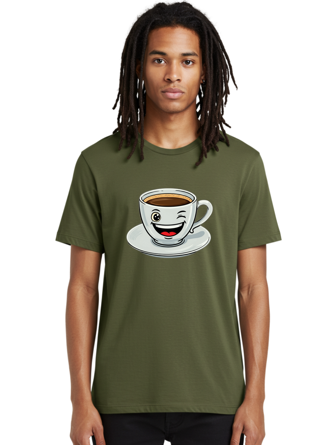 Cup-Of-Coffee Men'S Graphic Tee, 100% Cotton, Comfortable Casual Summer Wear, Machine Washable, Coffee Cup, Cartoon Character, Smiling Face, Happy Expression, Coffee Lover, Morning Pick-Me-Up, Coffee Break, Funny Illustration, Winking Eye Bab840